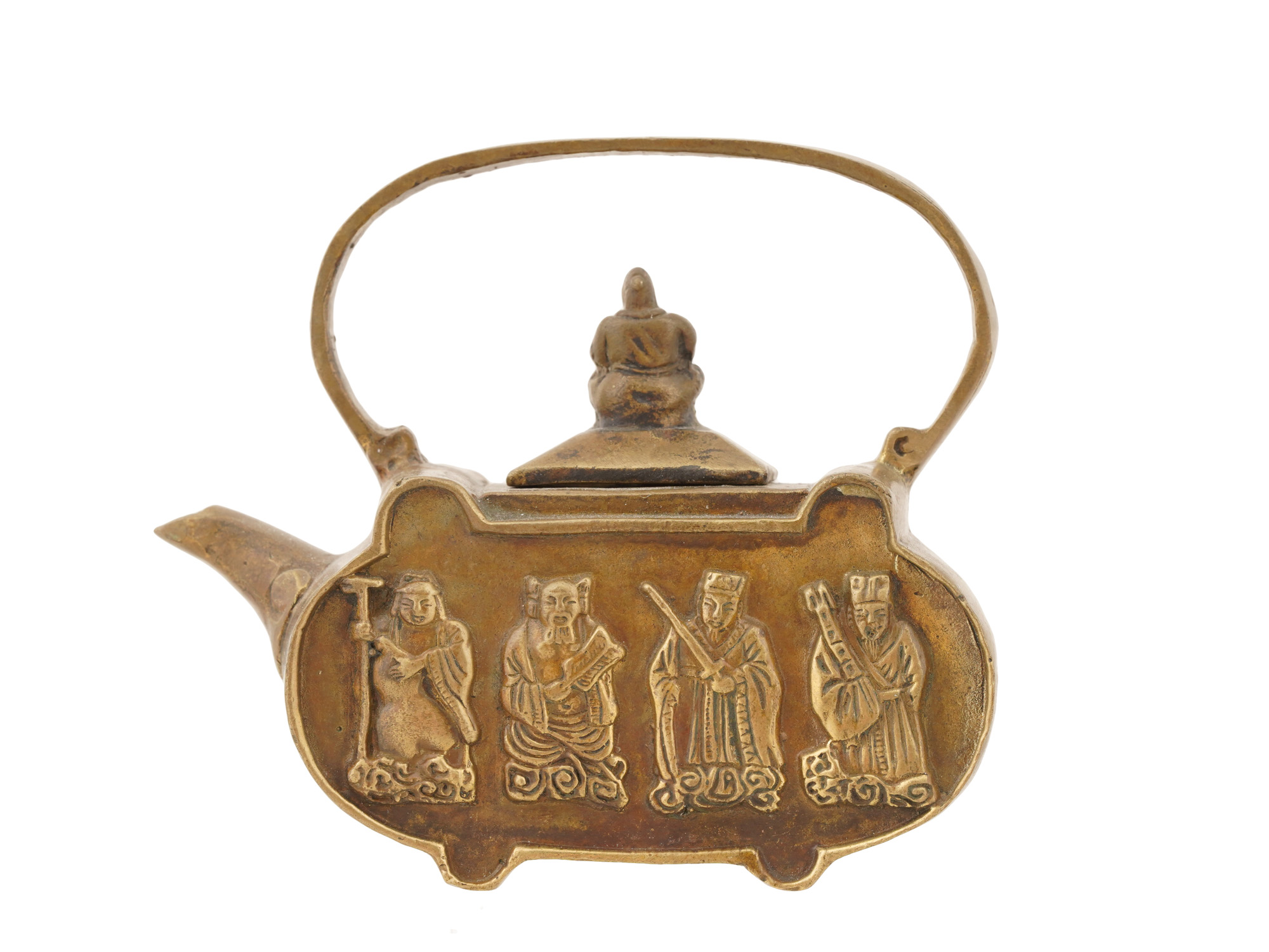 CHINESE EIGHT IMMORTALS BA XIAN ENGRAVED BRASS TEAPOT PIC-2