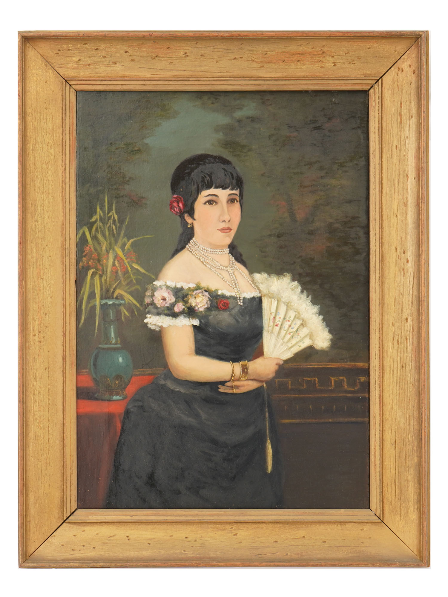 ANTIQUE AUSTRIAN PORTRAIT PAINTING OF LADY WITH A FAN PIC-
