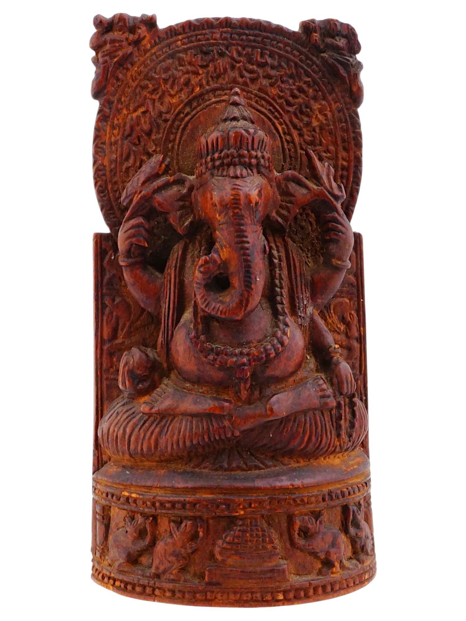 VINTAGE INDIAN CARVED WOOD WALL PANEL W GANESHA PIC-