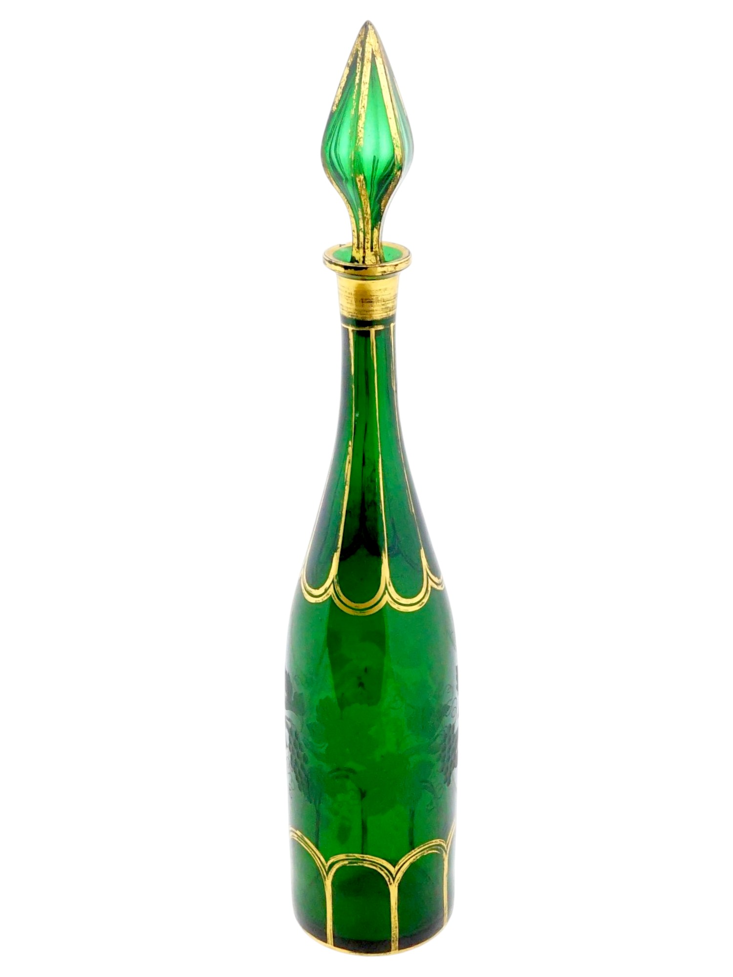 ANTIQUE BOHEMIAN GREEN GLASS WINE DECANTER WITH STOPPER PIC-