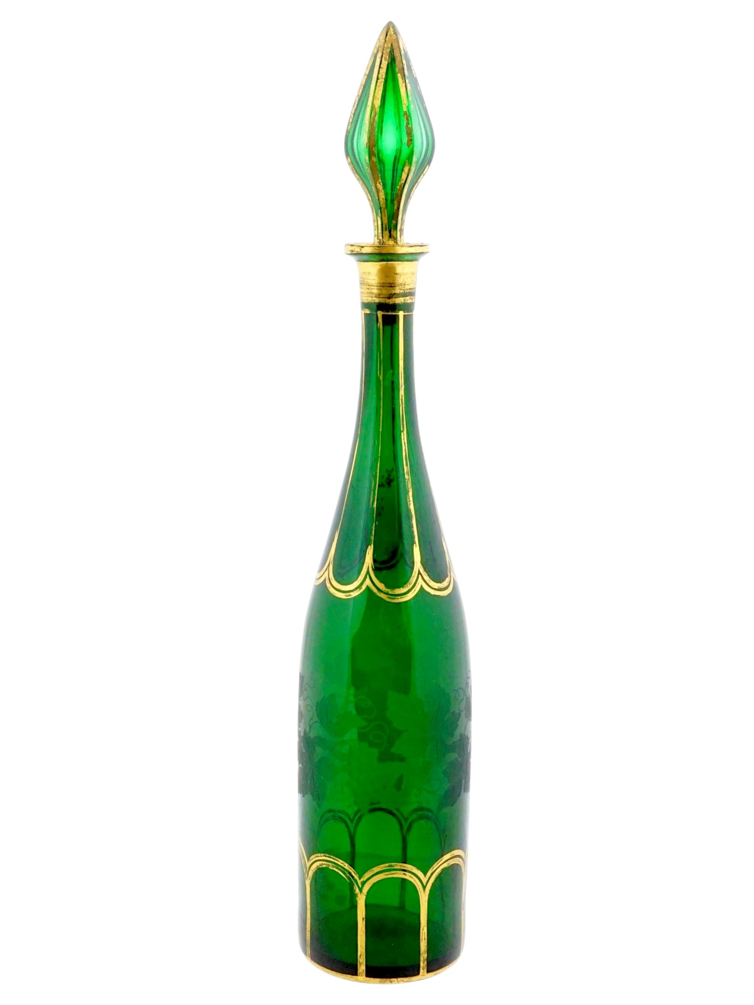 ANTIQUE BOHEMIAN GREEN GLASS WINE DECANTER WITH STOPPER PIC-1