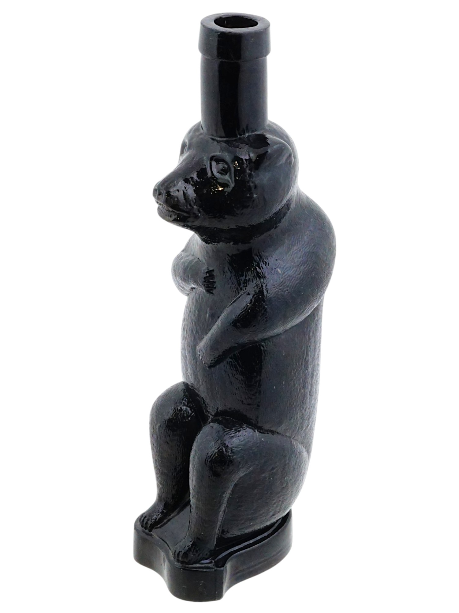 VINTAGE BLACK ART GLASS BEAR SCULPTURAL BOTTLE PIC-