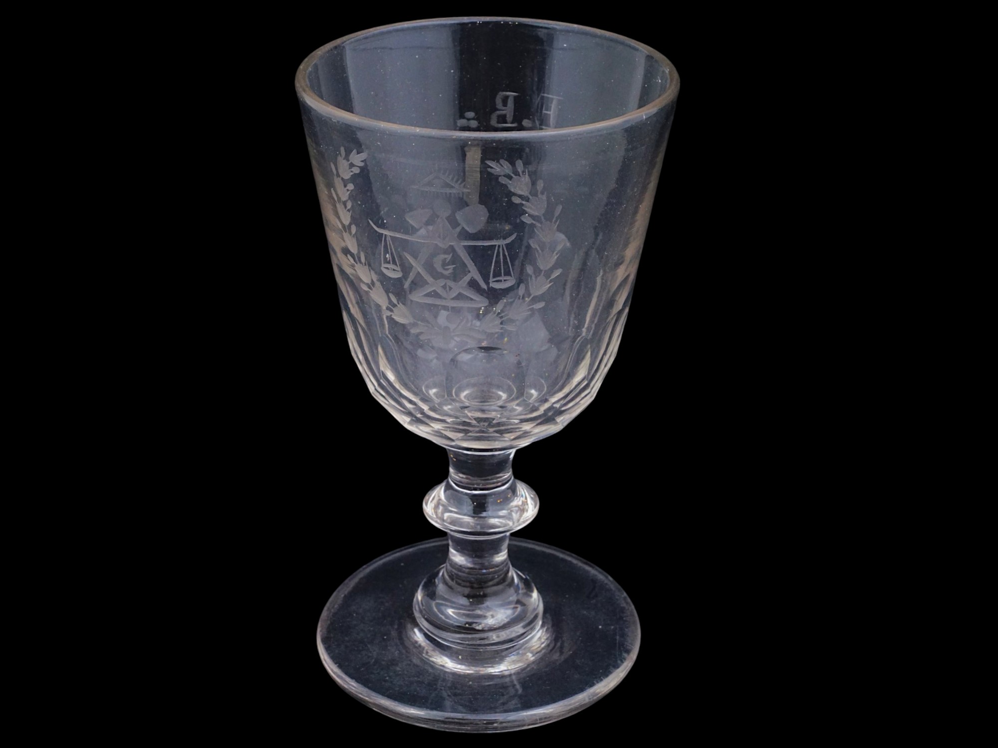 MASONIC ETCHED INITIALS CLEAR GLASS WINE GOBLET PIC-1