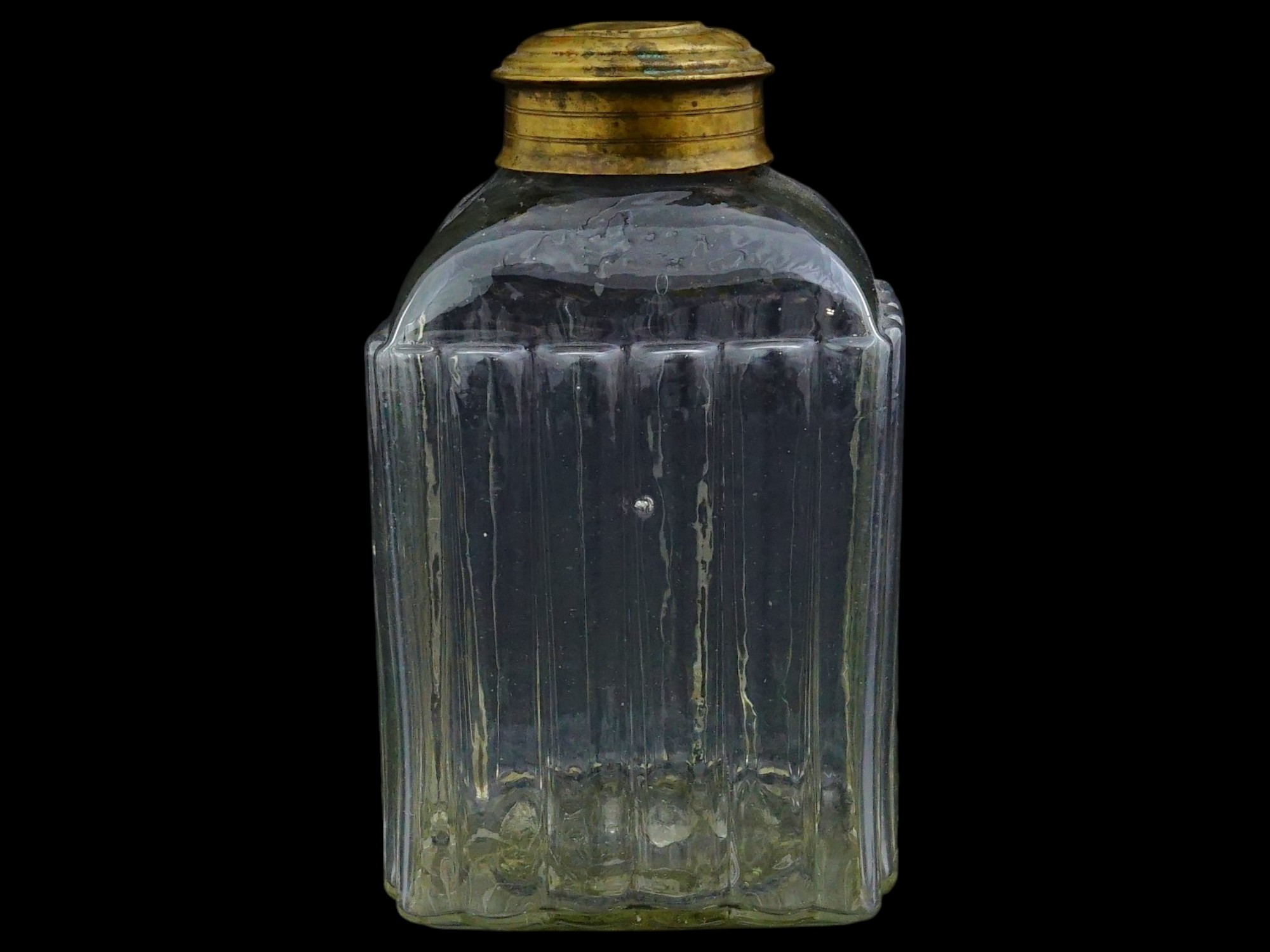 ANTIQUE RIBBED DESIGN GLASS TEA CADDY WITH BRASS LID PIC-3