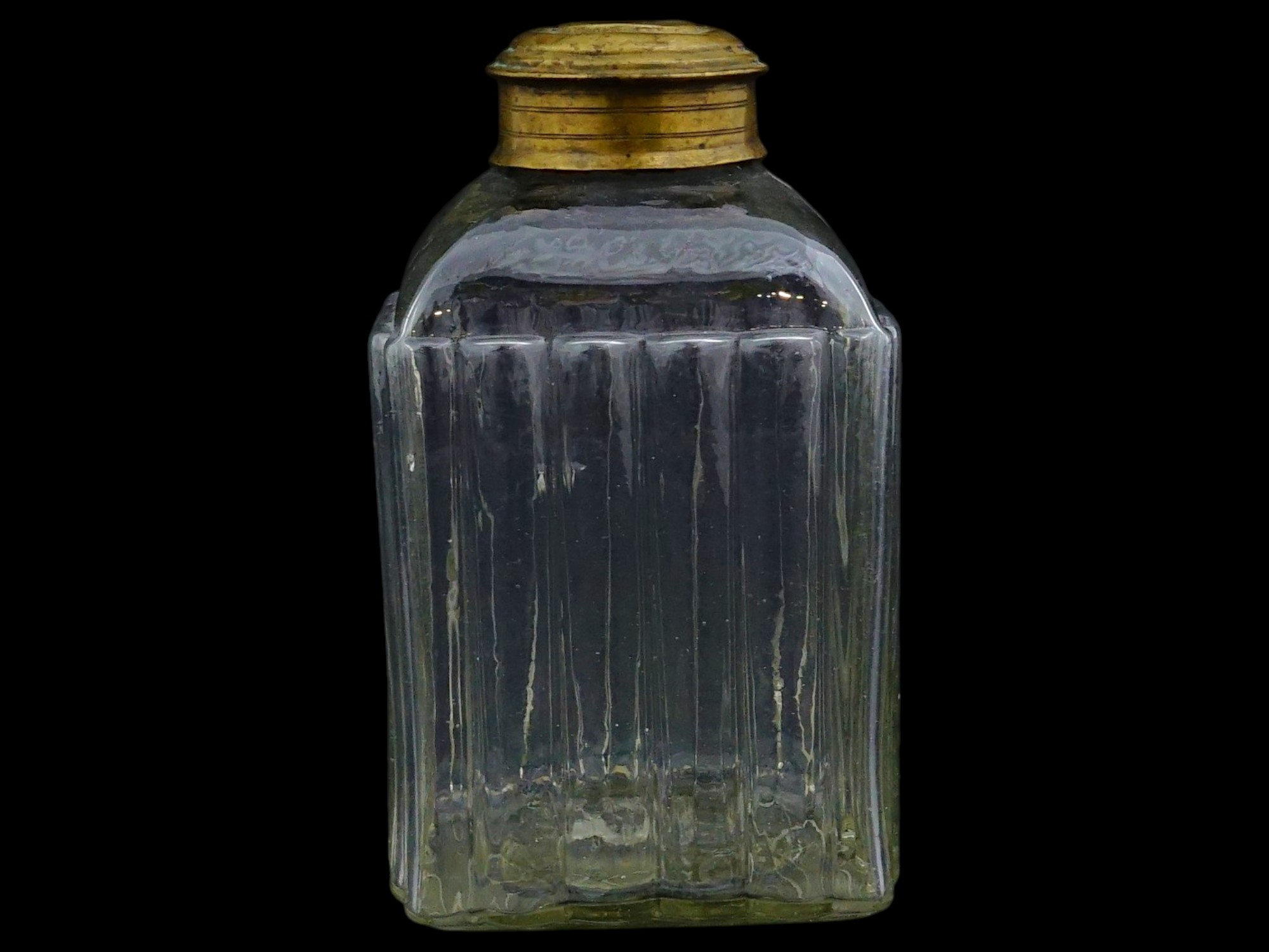 ANTIQUE RIBBED DESIGN GLASS TEA CADDY WITH BRASS LID PIC-2