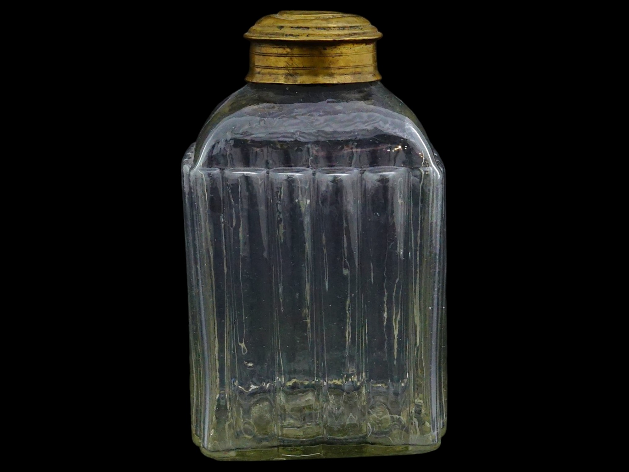 ANTIQUE RIBBED DESIGN GLASS TEA CADDY WITH BRASS LID PIC-4