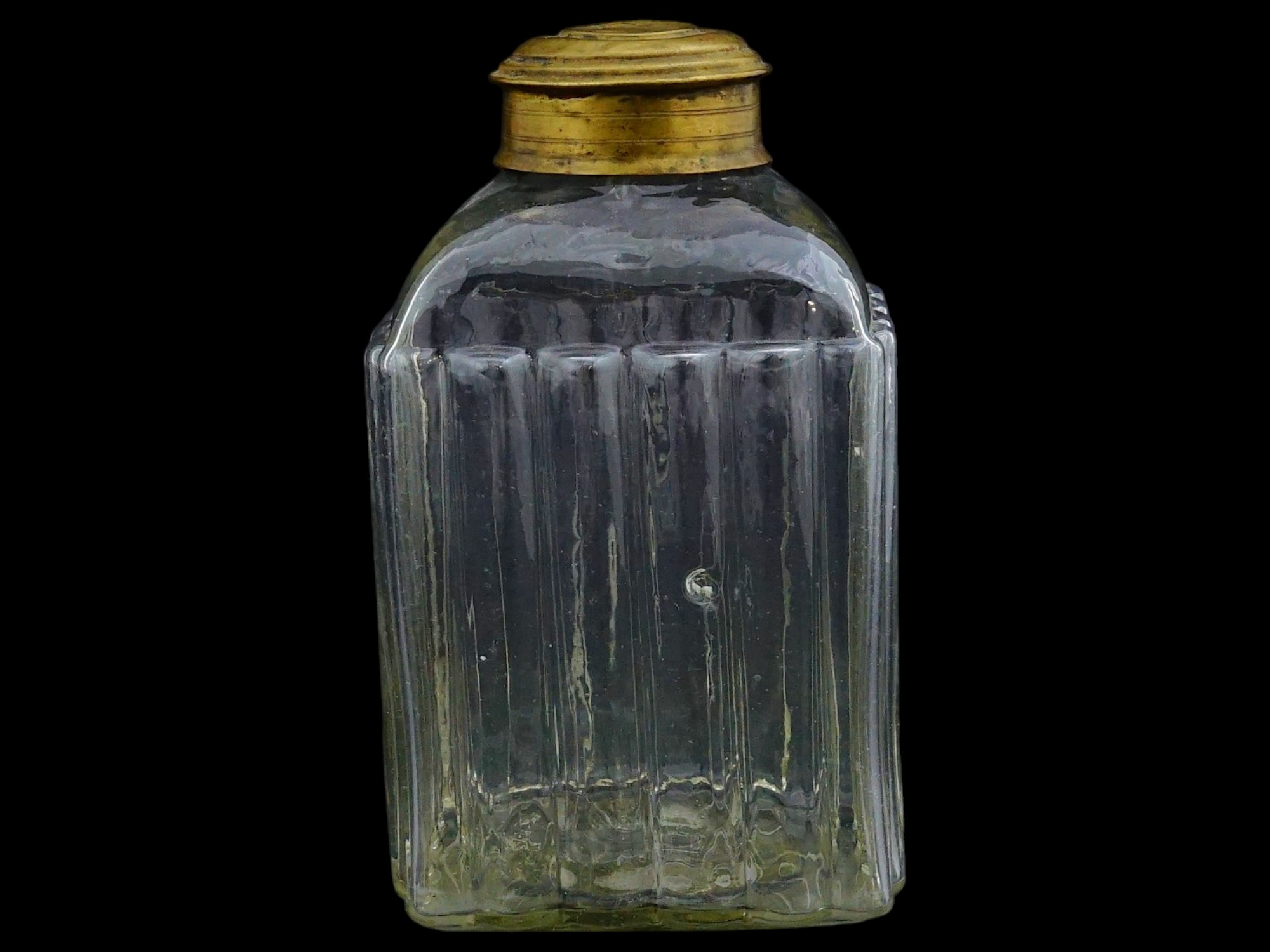 ANTIQUE RIBBED DESIGN GLASS TEA CADDY WITH BRASS LID PIC-5