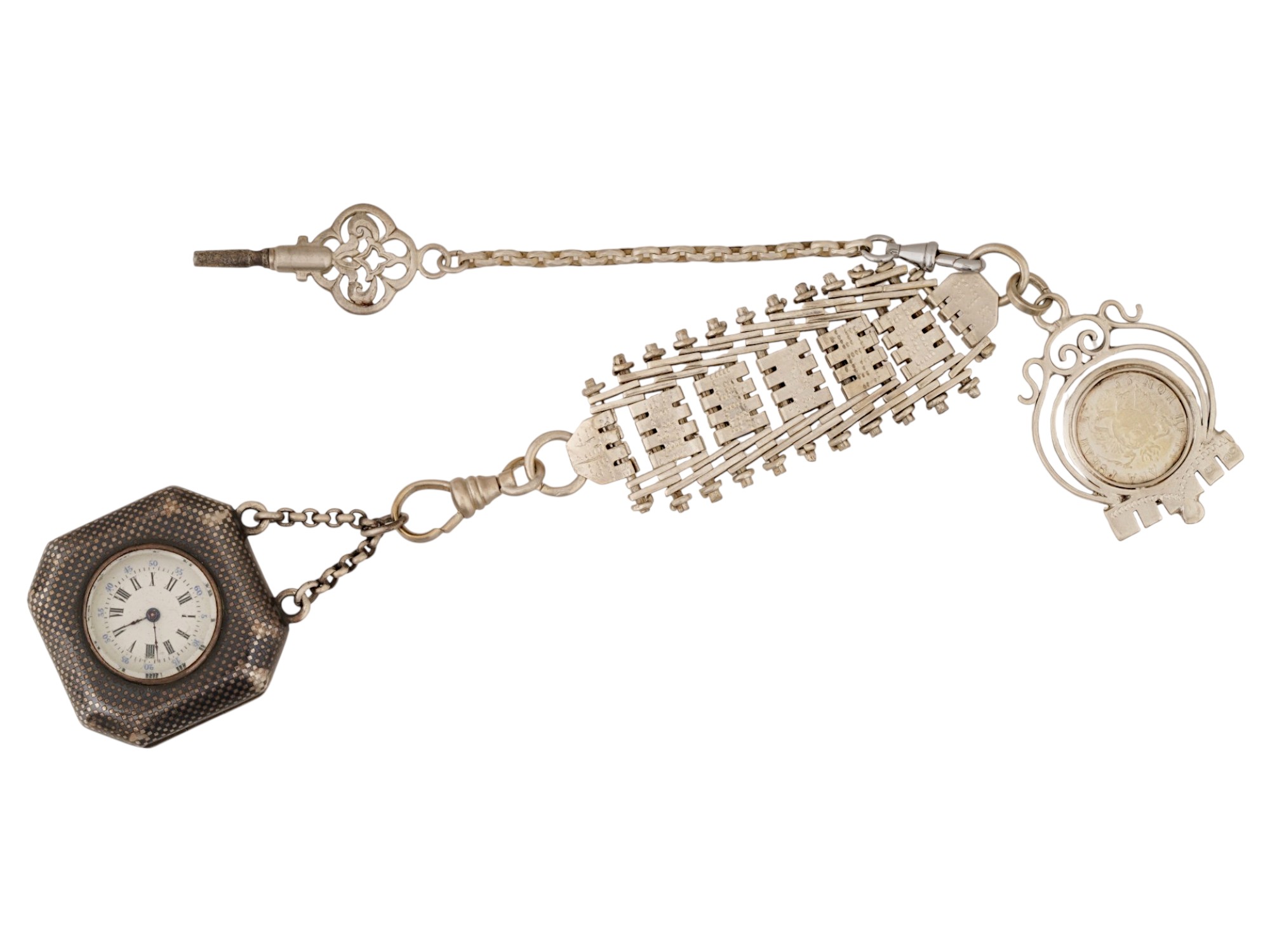 RUSSIAN SILVER FOB DIAMOND WATCH AND CHATELAINE SET PIC-1