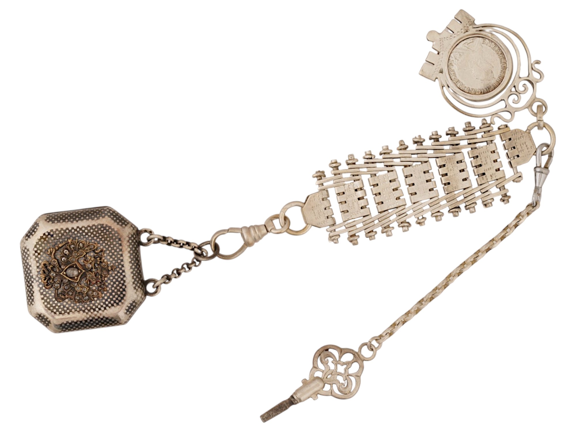 RUSSIAN SILVER FOB DIAMOND WATCH AND CHATELAINE SET PIC-2