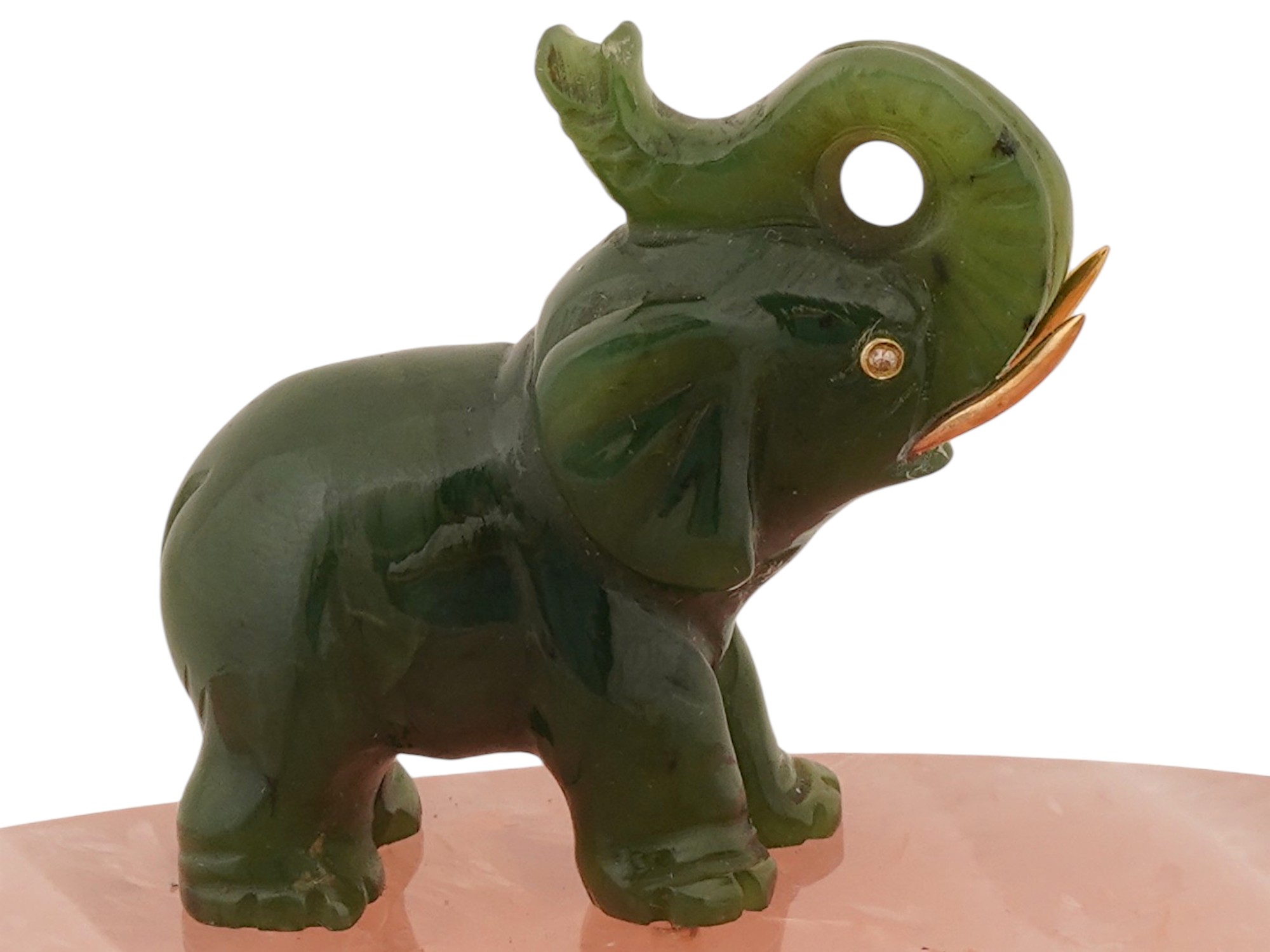 RUSSIAN SILVER PINK QUARTZ ASHTRAY W JADE ELEPHANT PIC-8