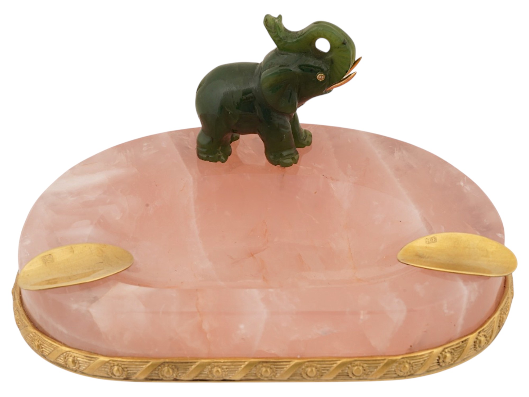 RUSSIAN SILVER PINK QUARTZ ASHTRAY W JADE ELEPHANT PIC-