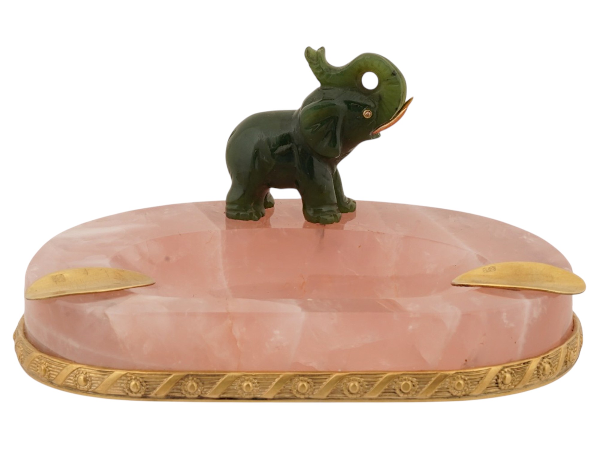 RUSSIAN SILVER PINK QUARTZ ASHTRAY W JADE ELEPHANT PIC-1
