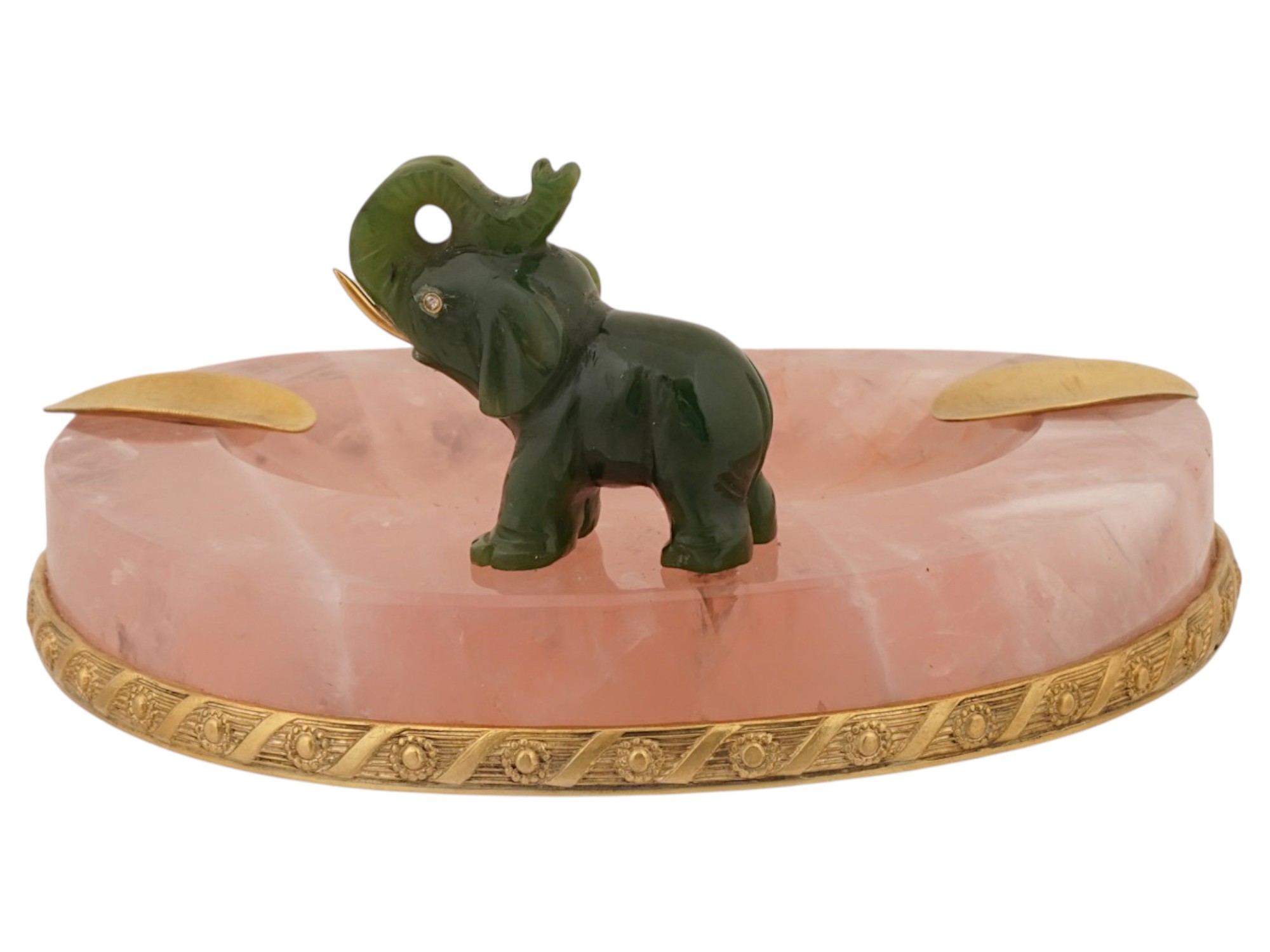 RUSSIAN SILVER PINK QUARTZ ASHTRAY W JADE ELEPHANT PIC-2