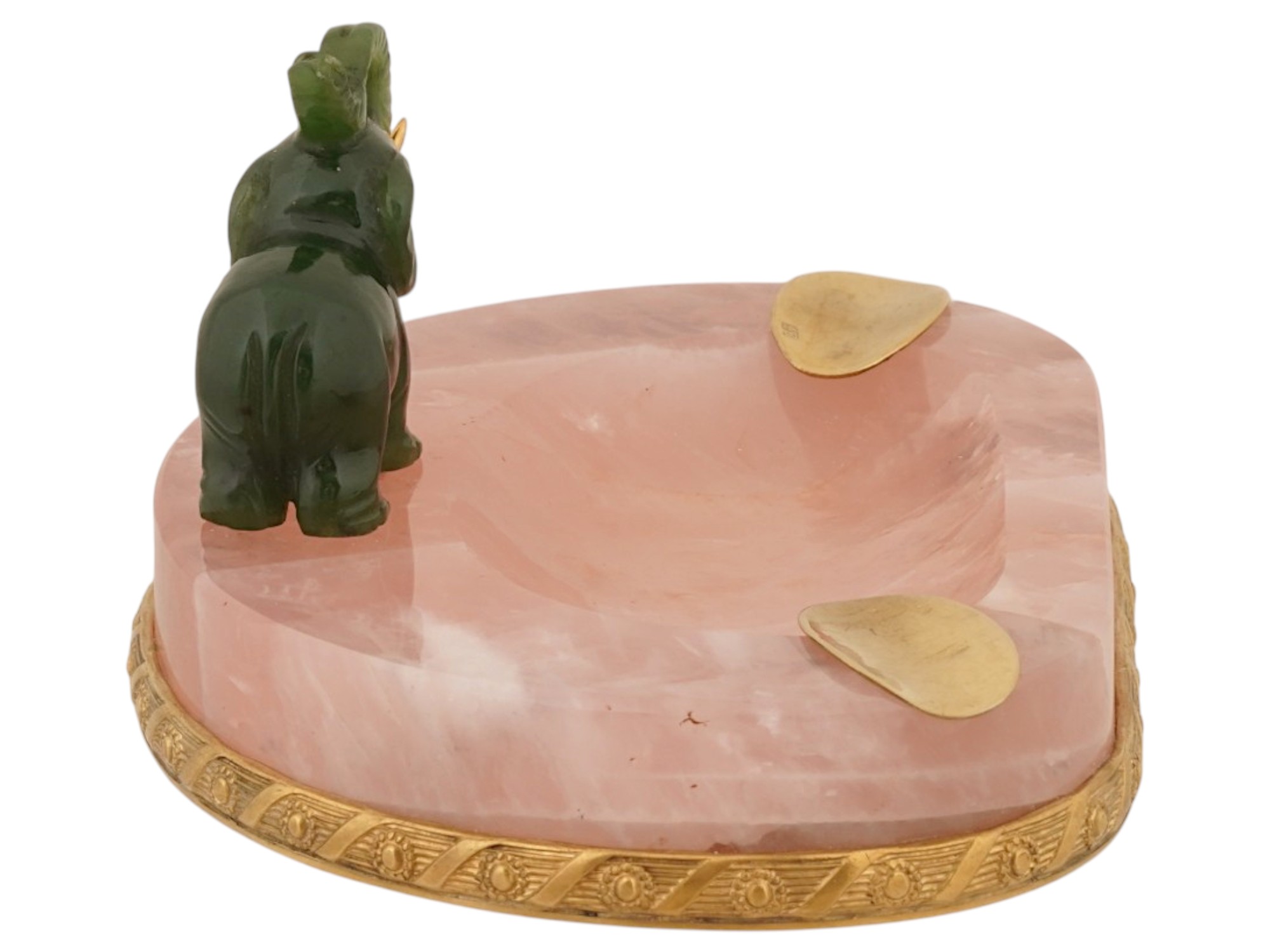 RUSSIAN SILVER PINK QUARTZ ASHTRAY W JADE ELEPHANT PIC-4