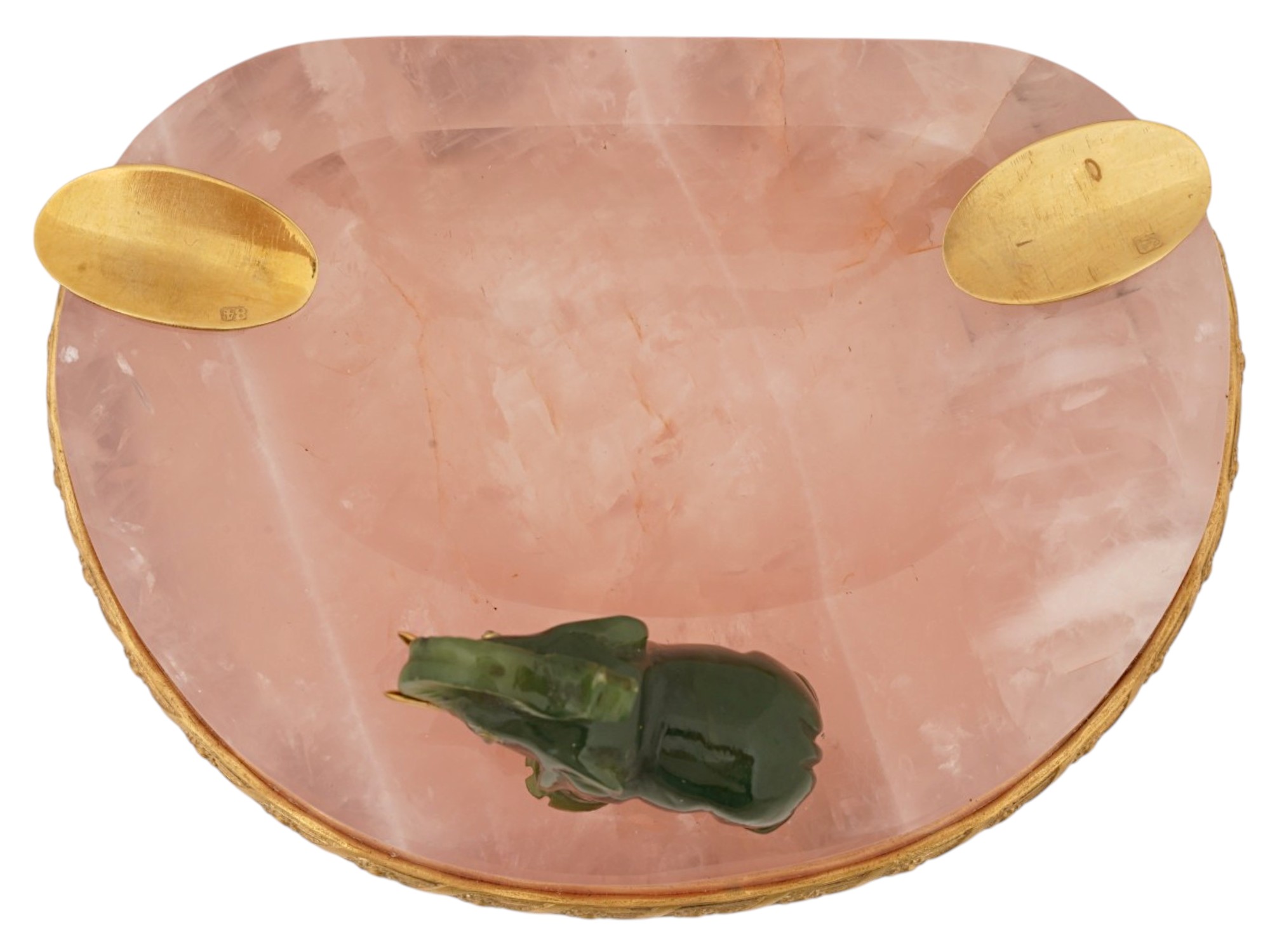 RUSSIAN SILVER PINK QUARTZ ASHTRAY W JADE ELEPHANT PIC-5