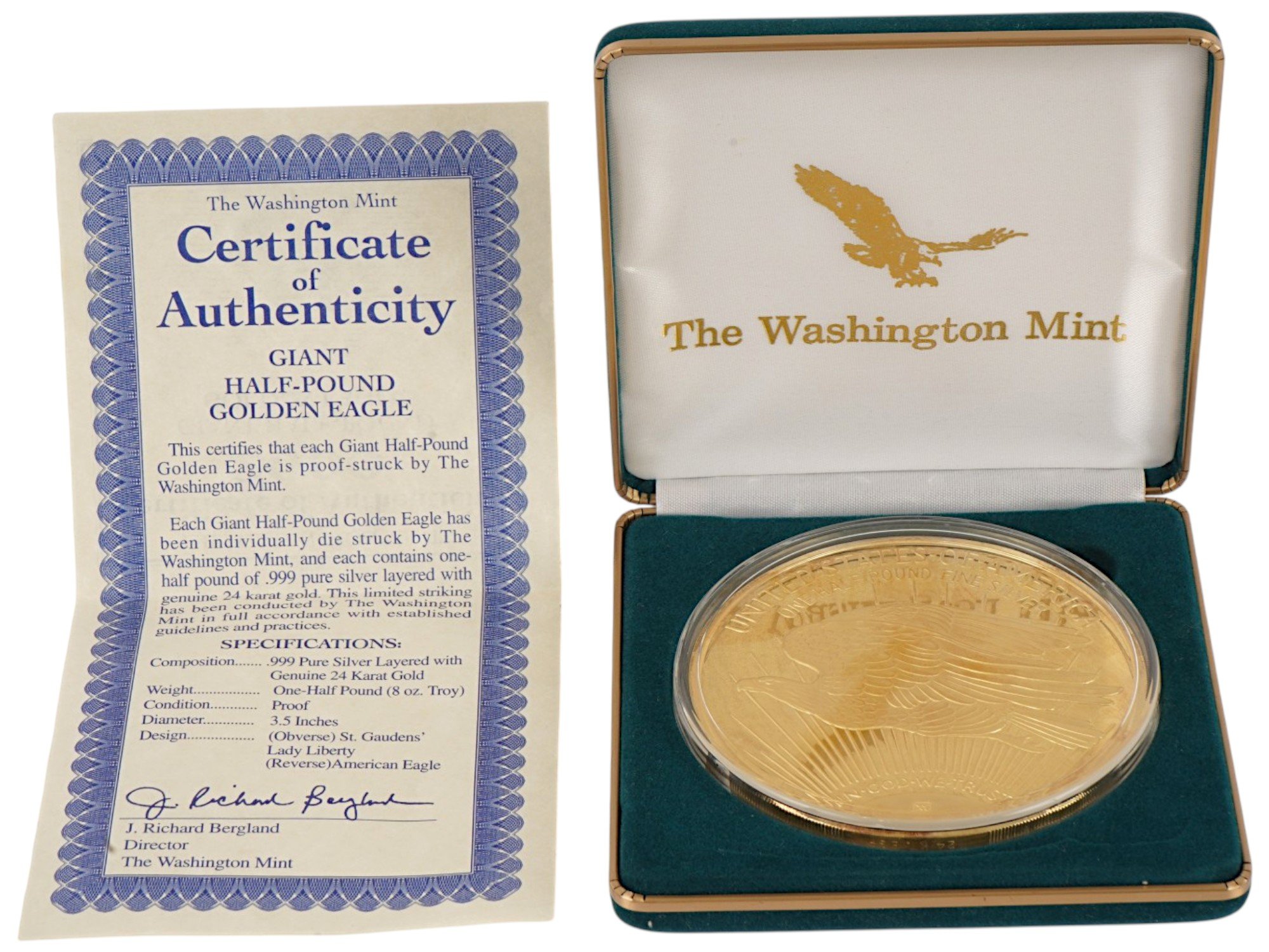 AMERICAN GIANT GOLDEN EAGLE COIN WASHINGTON MINT COA PIC-