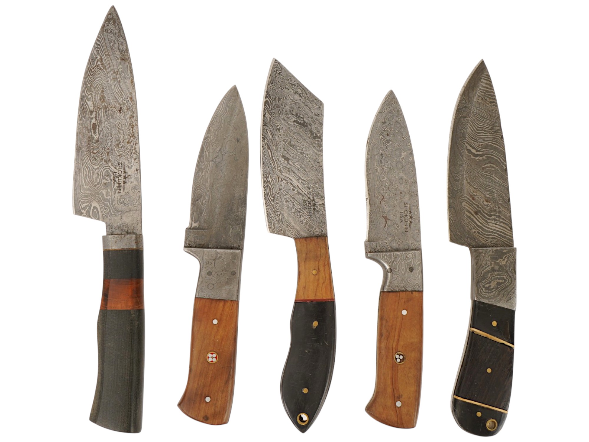 COLLECTION OF FIVE VINTAGE DAMASCUS STEEL KITCHEN KNIFE PIC-