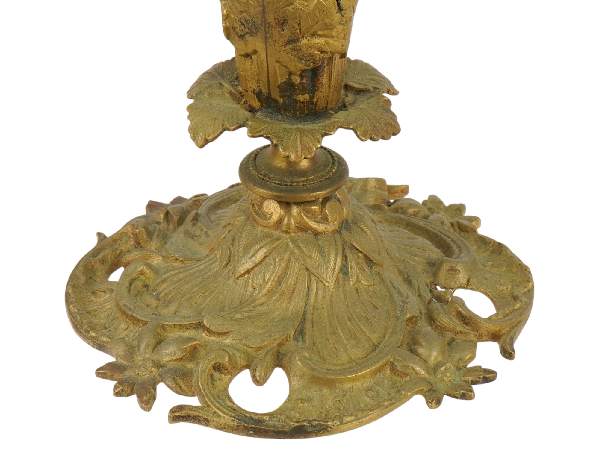 ANTIQUE FRENCH ART NOUVEAU BRASS AND GLASS TRUMPET VASE PIC-8