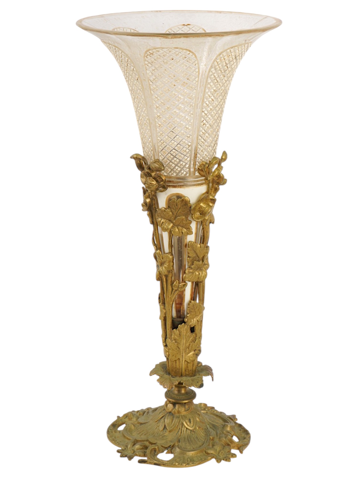 ANTIQUE FRENCH ART NOUVEAU BRASS AND GLASS TRUMPET VASE PIC-