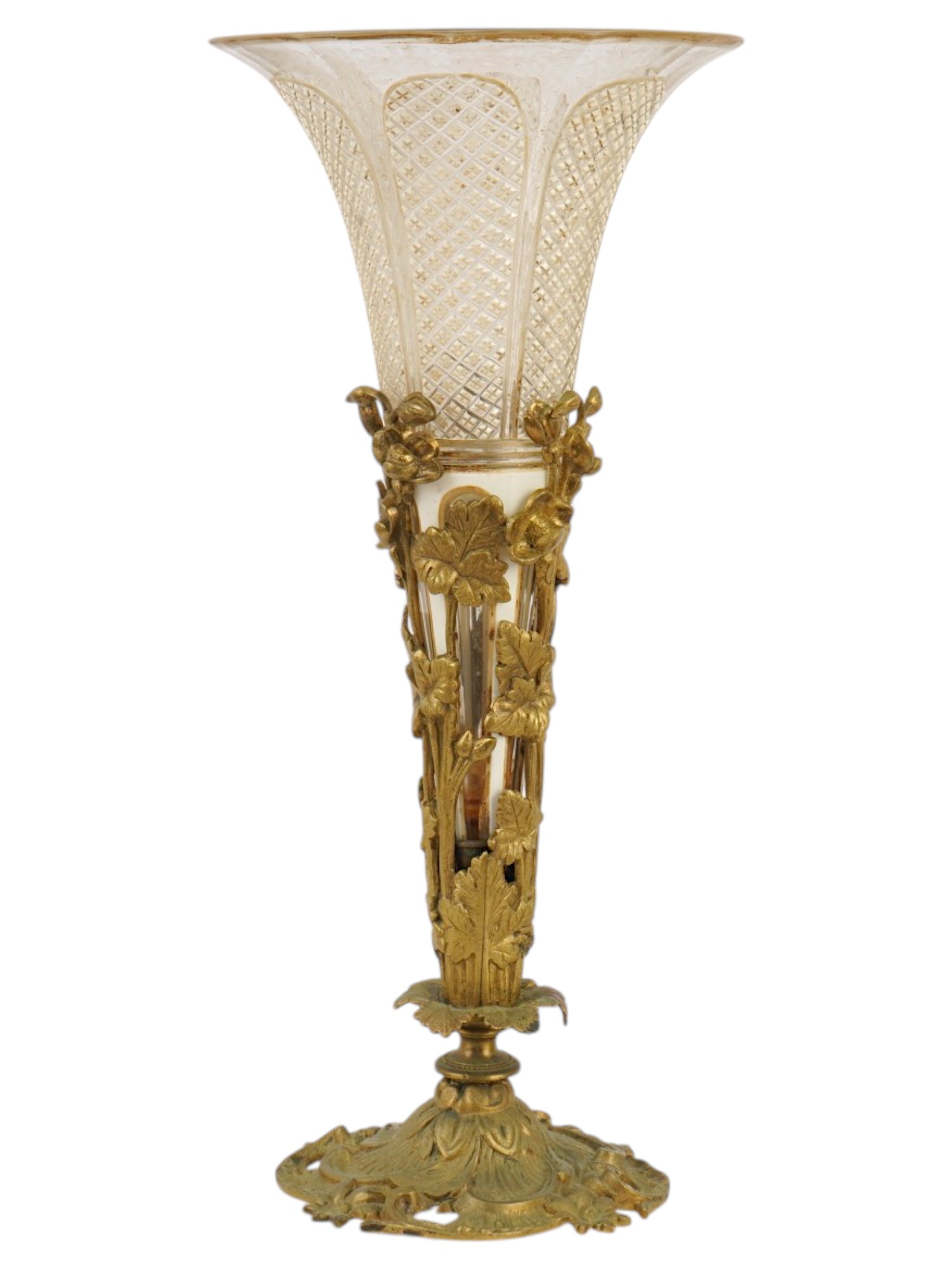ANTIQUE FRENCH ART NOUVEAU BRASS AND GLASS TRUMPET VASE PIC-3