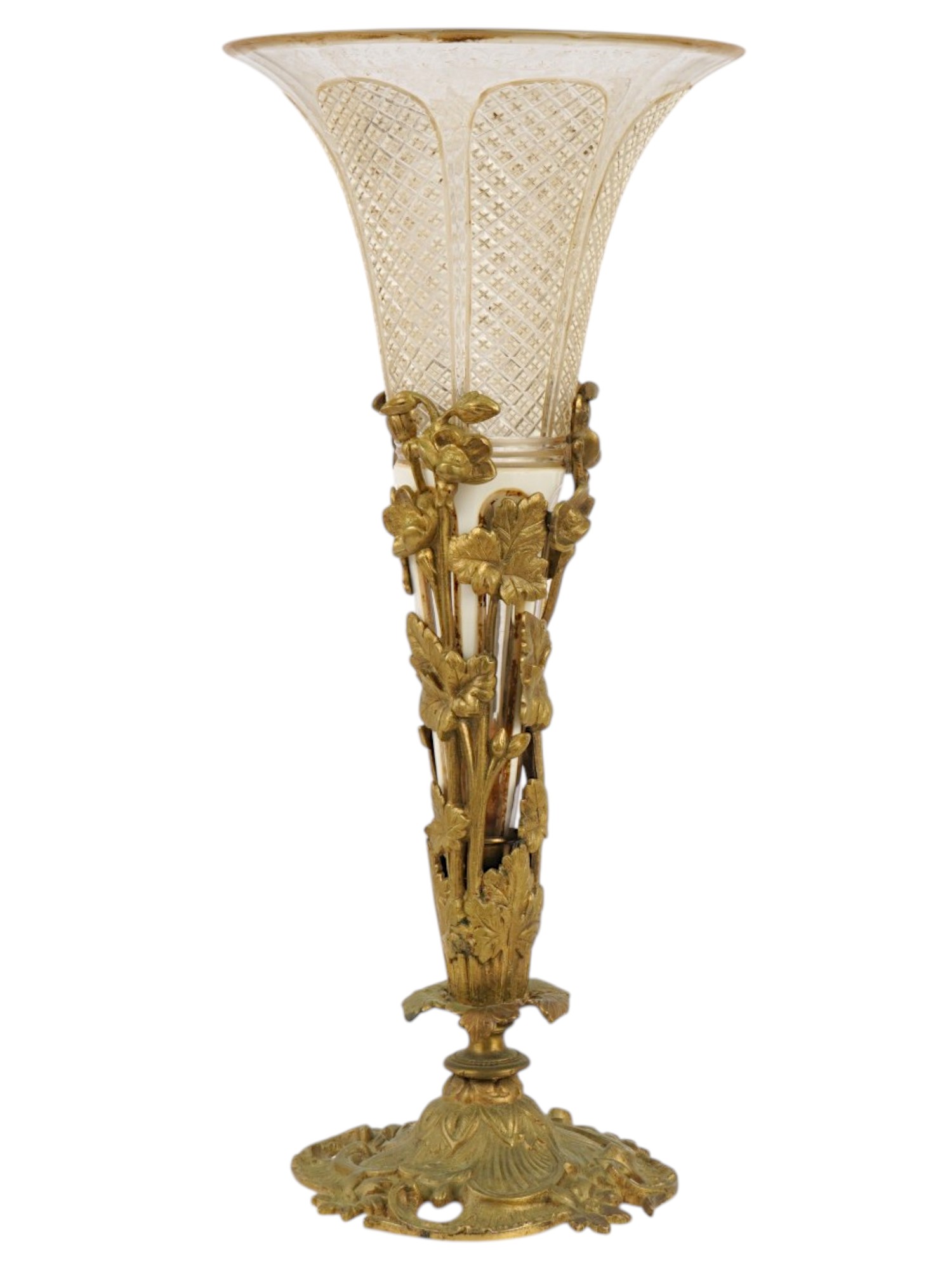 ANTIQUE FRENCH ART NOUVEAU BRASS AND GLASS TRUMPET VASE PIC-1