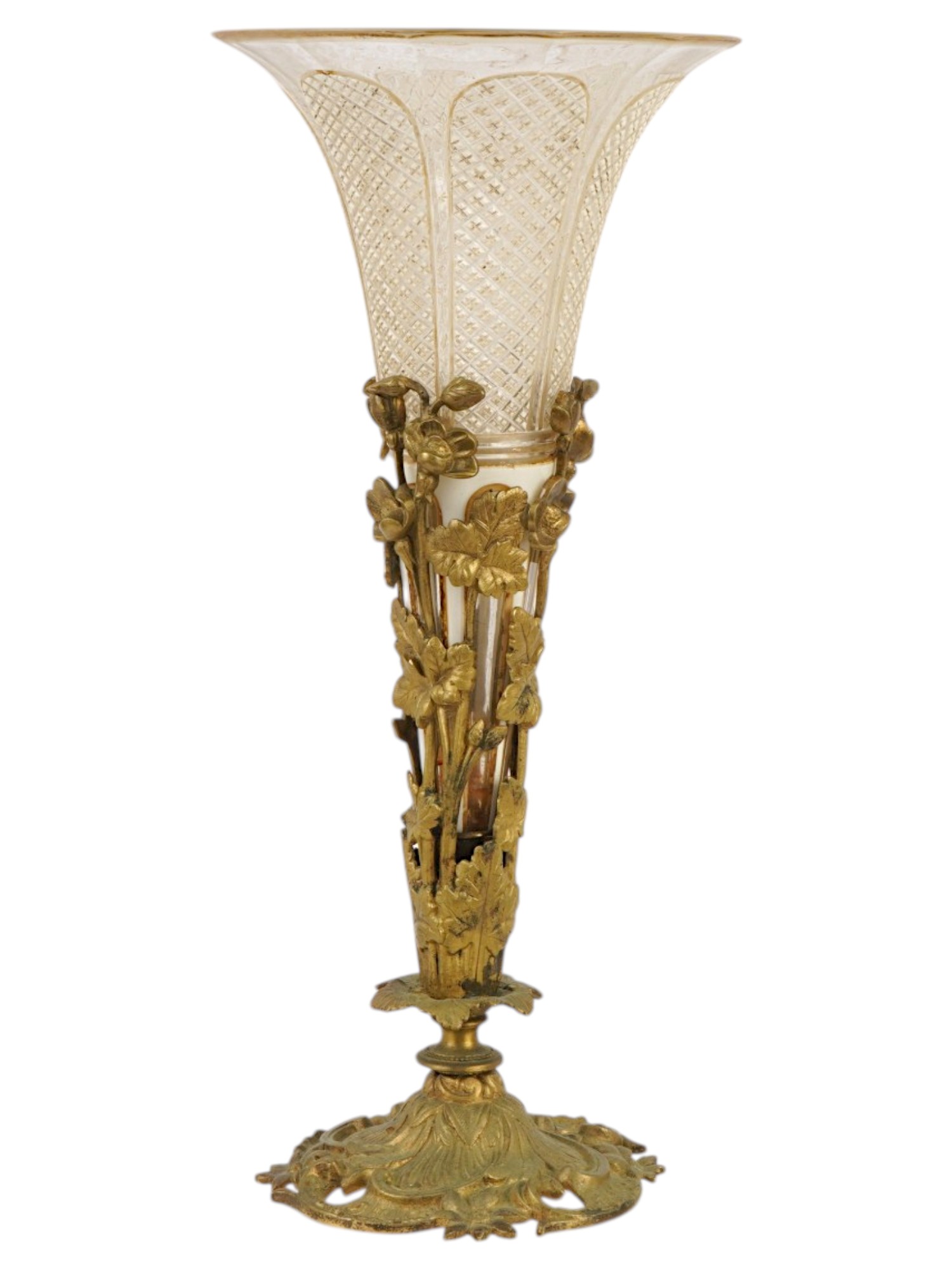 ANTIQUE FRENCH ART NOUVEAU BRASS AND GLASS TRUMPET VASE PIC-2