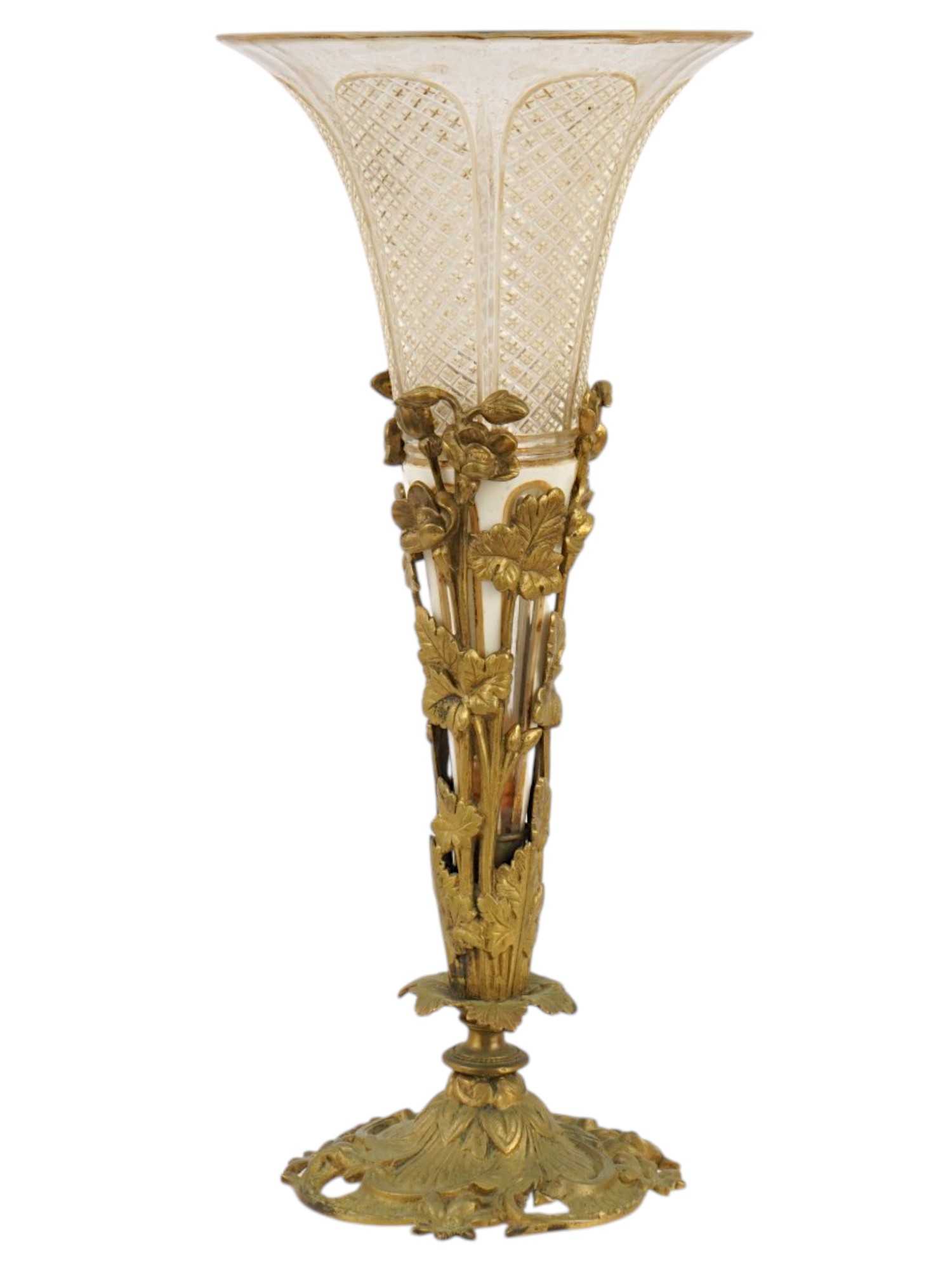 ANTIQUE FRENCH ART NOUVEAU BRASS AND GLASS TRUMPET VASE PIC-4