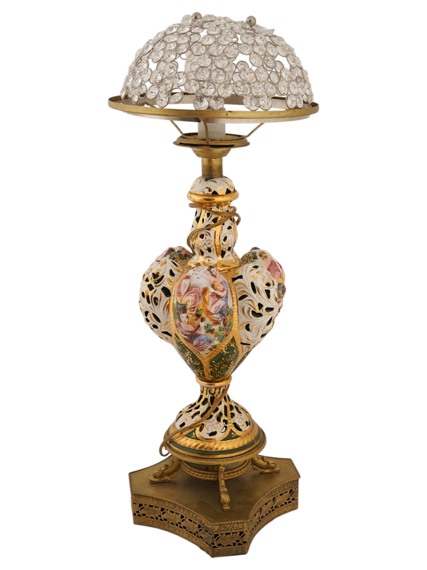 CAPODIMONTE STYLE PAINTED PORCELAIN BRASS TABLE LAMP PIC-