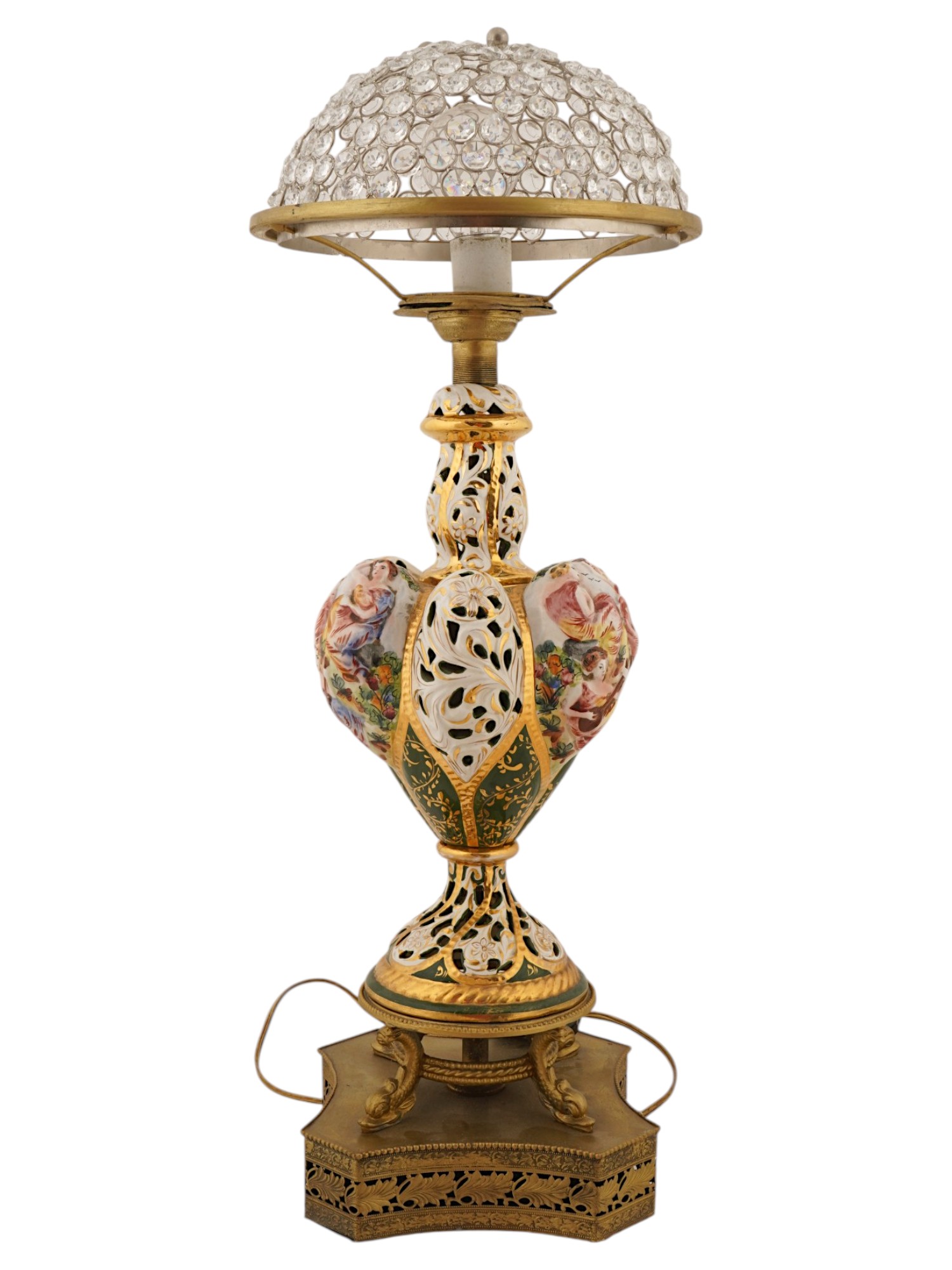 CAPODIMONTE STYLE PAINTED PORCELAIN BRASS TABLE LAMP PIC-2
