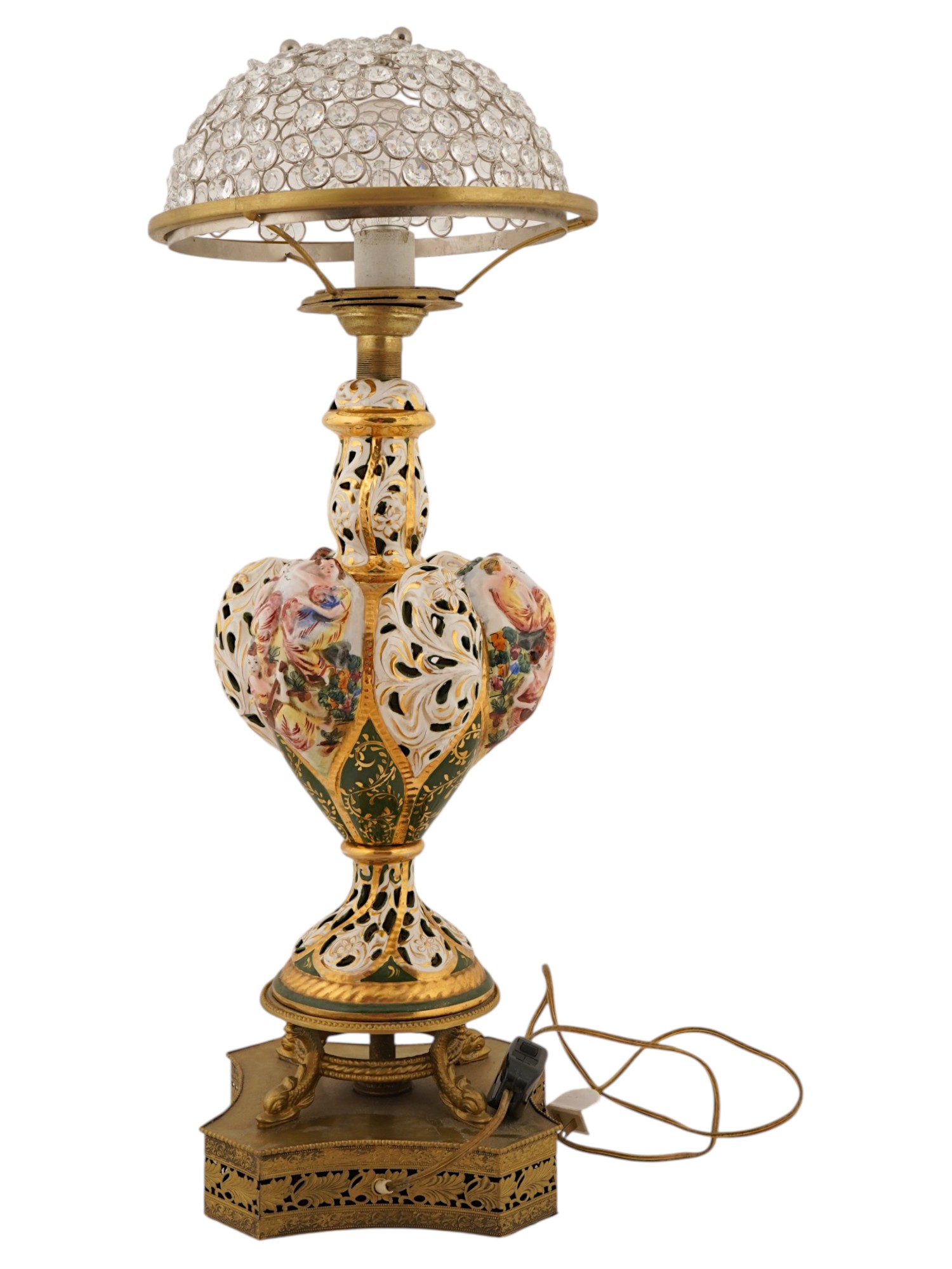 CAPODIMONTE STYLE PAINTED PORCELAIN BRASS TABLE LAMP PIC-3