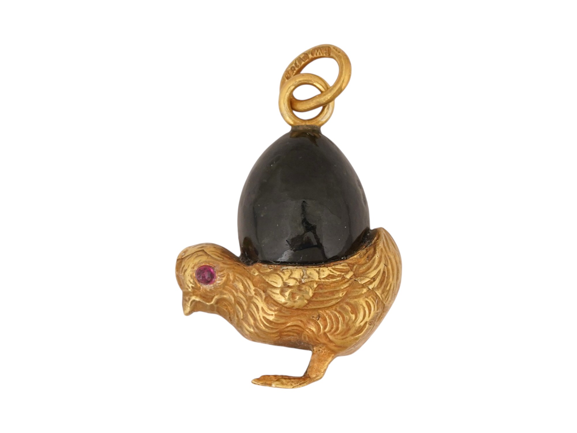 RUSSIAN SILVER JADE CHICK EGG PENDANT W RUBY EYES PIC-