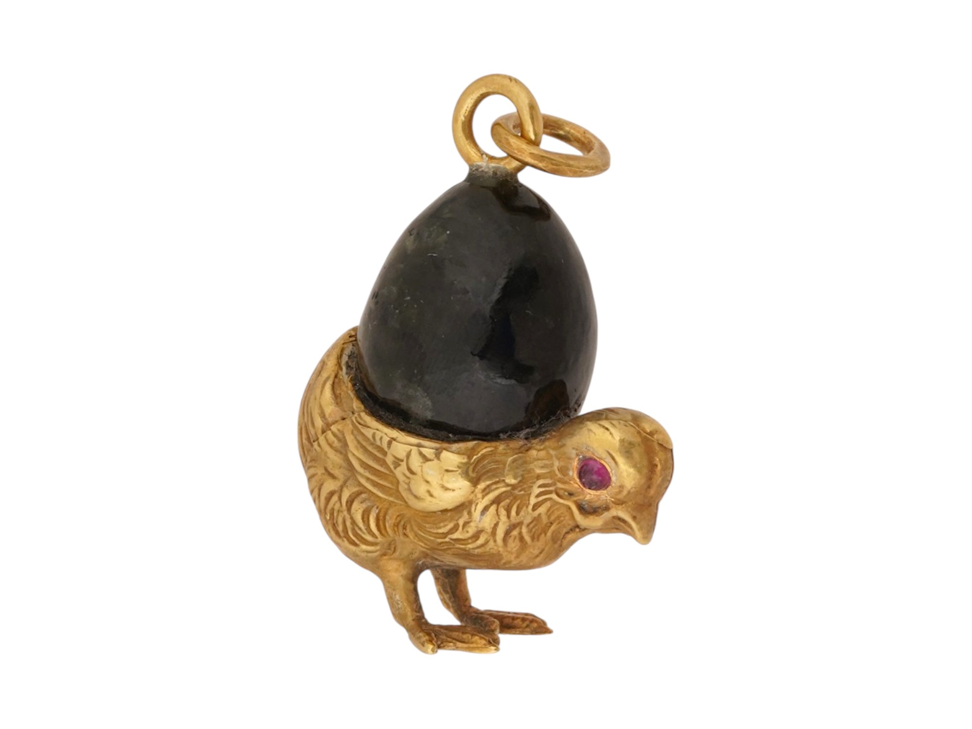 RUSSIAN SILVER JADE CHICK EGG PENDANT W RUBY EYES PIC-2