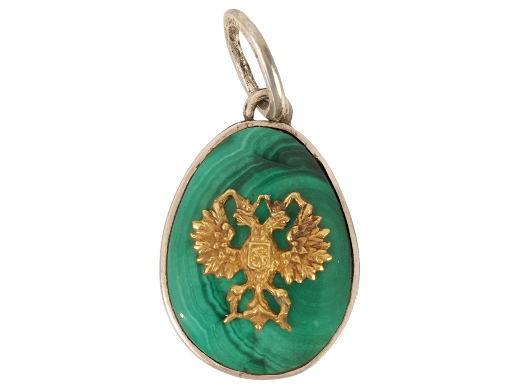 RUSSIAN SILVER AND CARVED MALACHITE EASTER EGG PENDANT PIC-