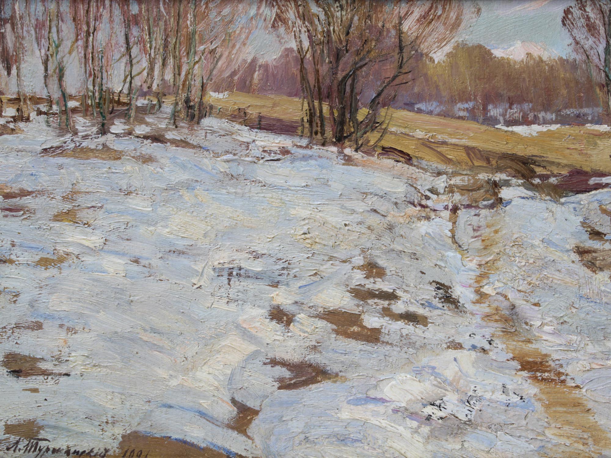 RUSSIAN OIL PAINTING ON BOARD BY TOURJANSKI SNOW PIC-1