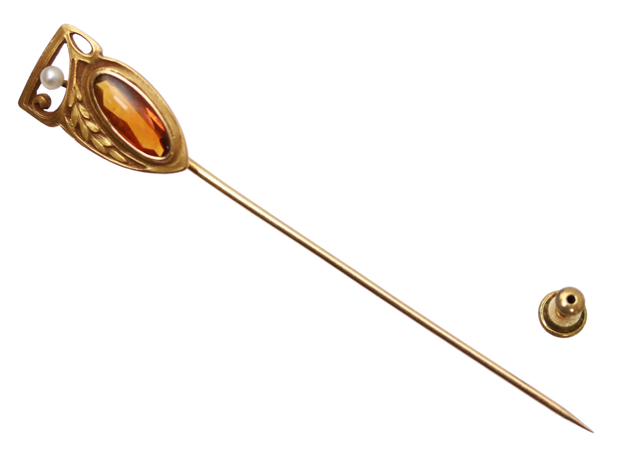 A VINTAGE MONET STICK PIN 14K GOLD PEARL AMBER PIC-0