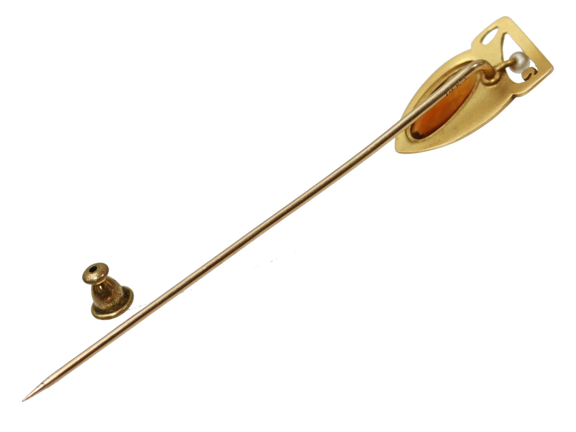 A VINTAGE MONET STICK PIN 14K GOLD PEARL AMBER PIC-1