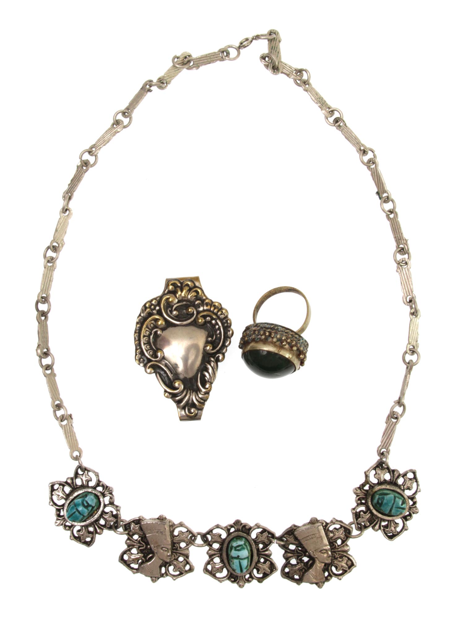 A LOT OF SILVER RING BRACELET AND PLATED NECKLACE PIC-1