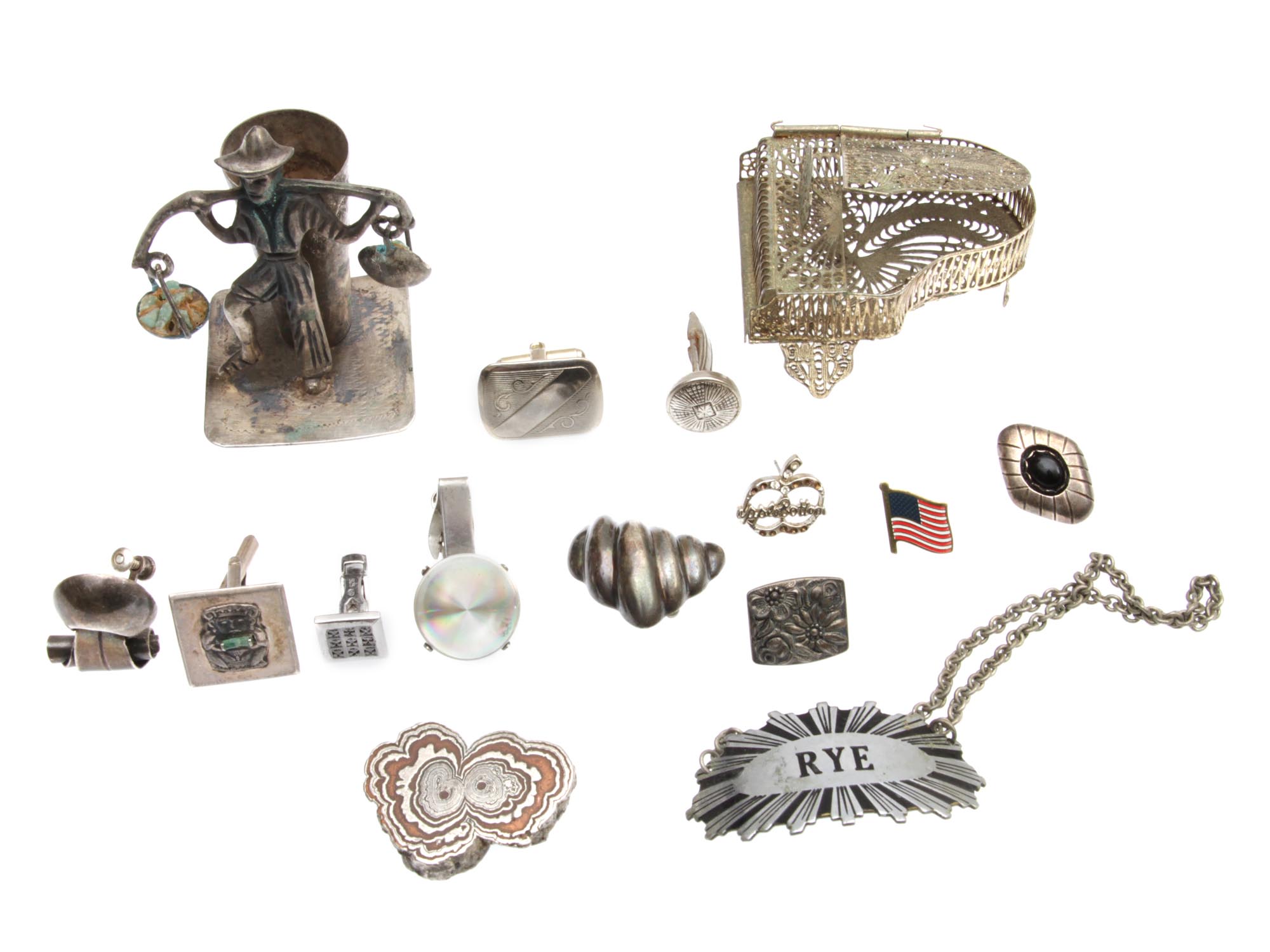 A VINTAGE SILVER JEWELRY CUFFLINKS AND FIGURES PIC-