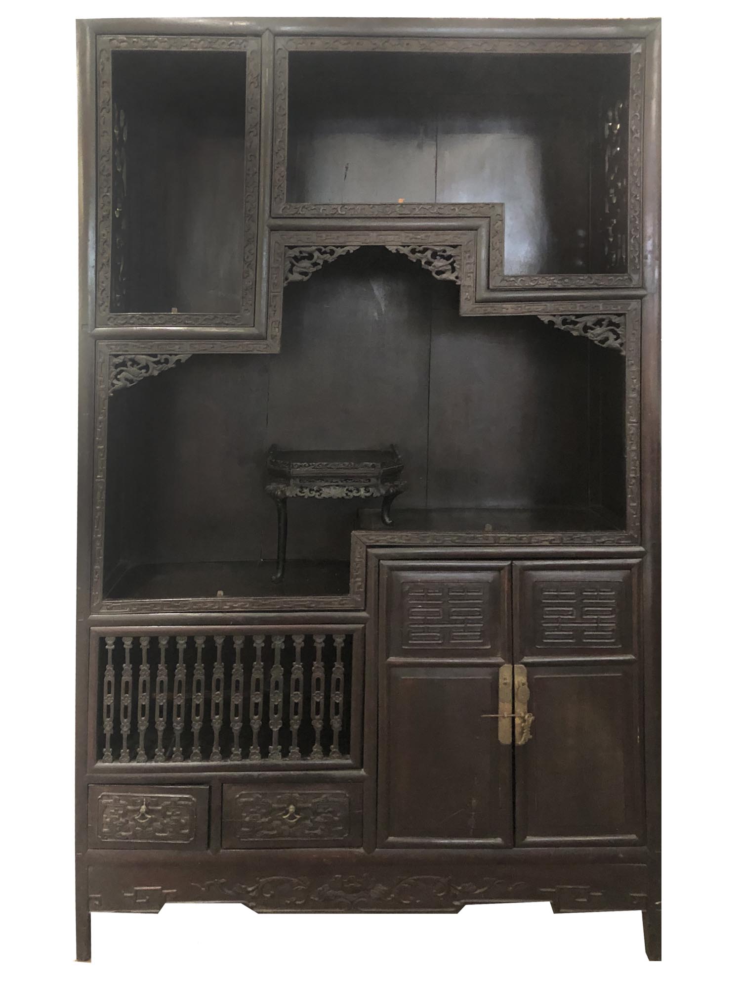 19TH CEN CHINESE HARDWOOD CURVED DISPLAY CABINET PIC-0