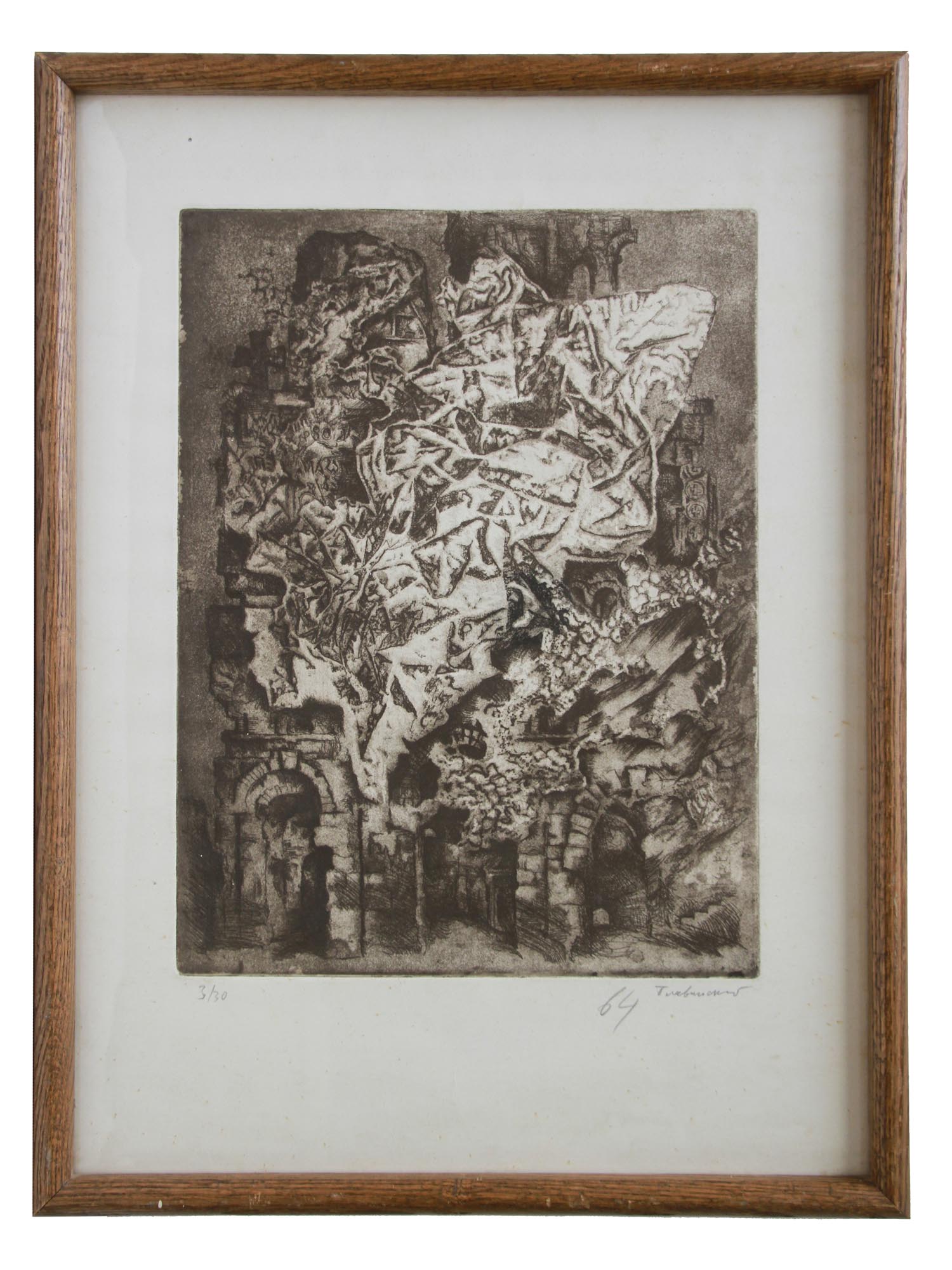 RUSSIAN ETCHING RUINS ON FIRE BY DMITRI PLAVINSKY PIC-0