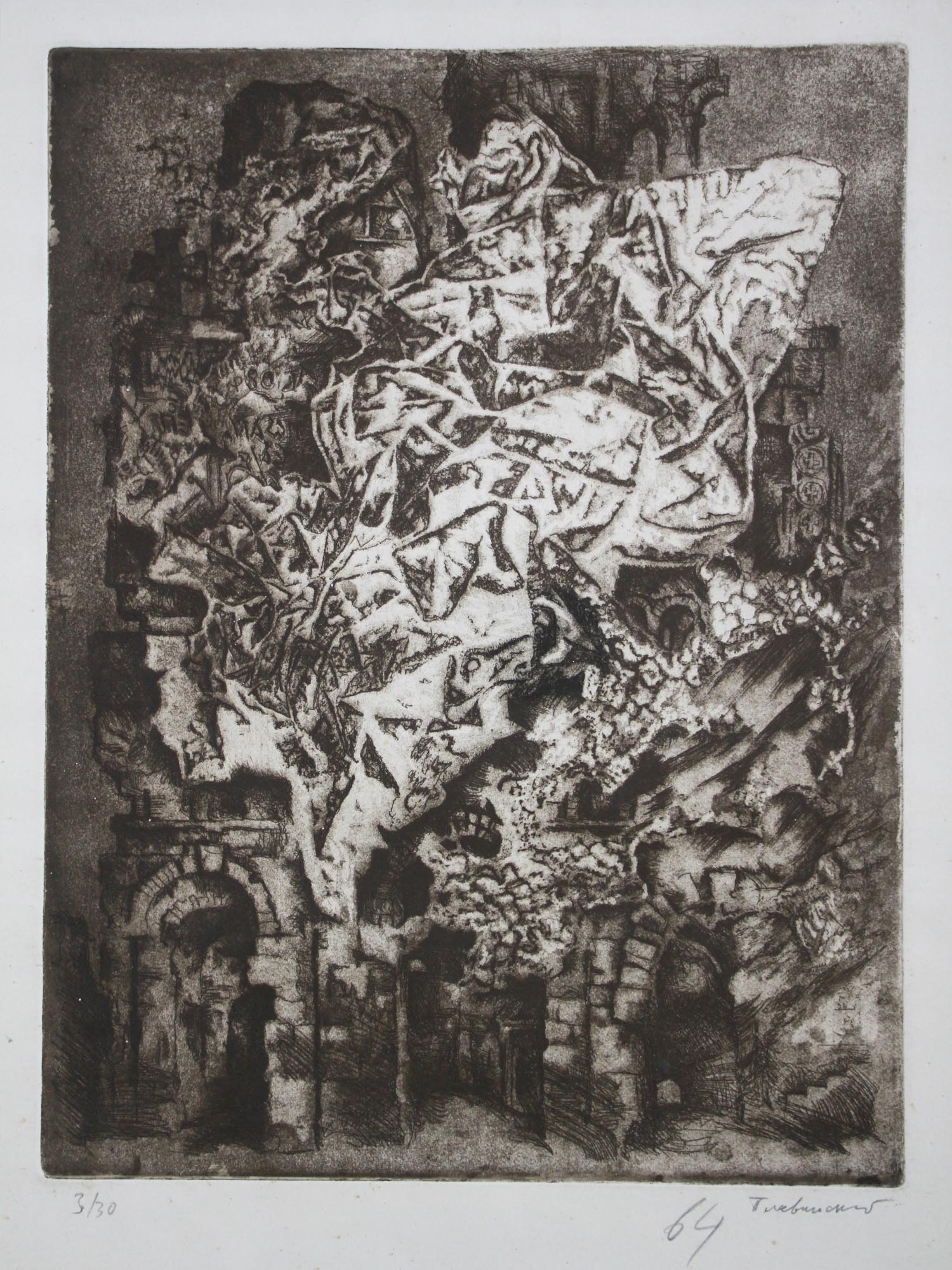 RUSSIAN ETCHING RUINS ON FIRE BY DMITRI PLAVINSKY PIC-1