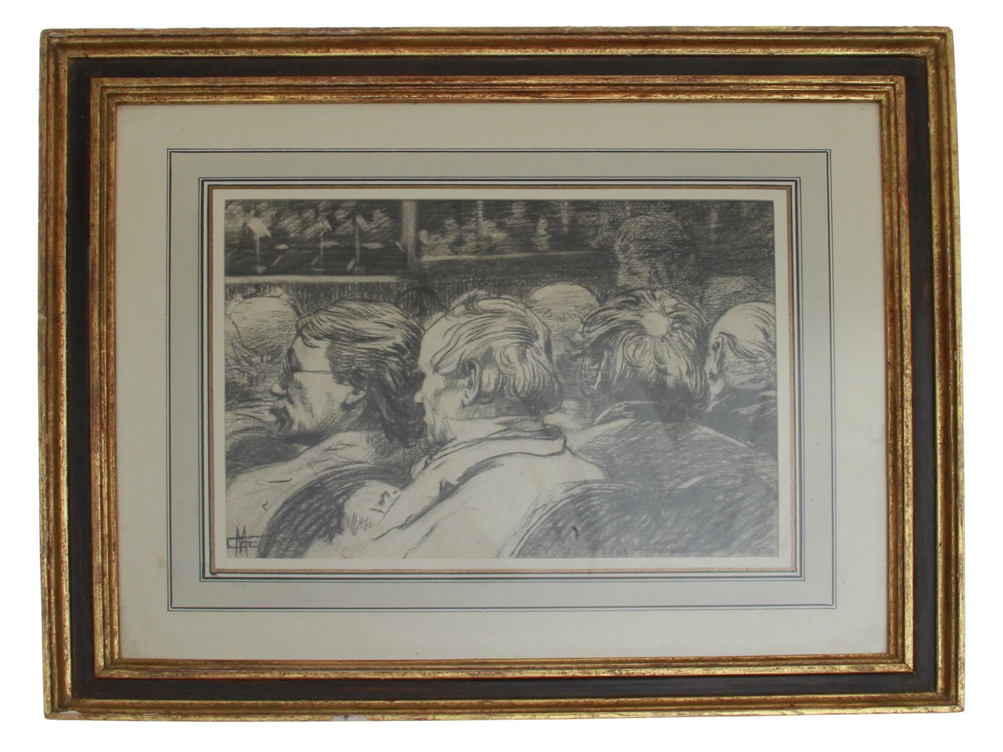 A PENCIL DRAWING PAINTING OF SPECTATORS, C. 1940