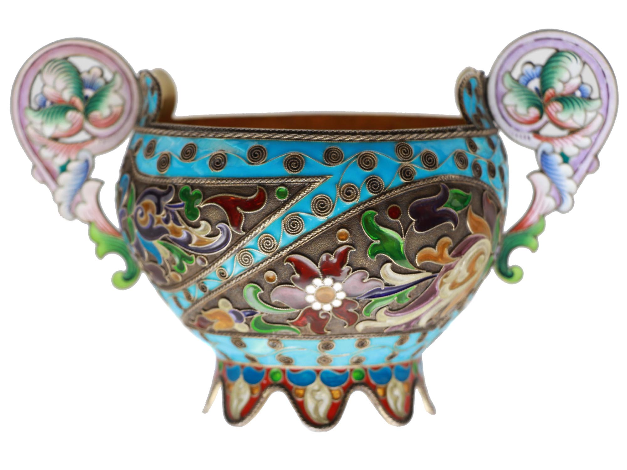 A RUSSIAN SILVER AND ENAMEL PLAQUE A JOUR BOWL PIC-2