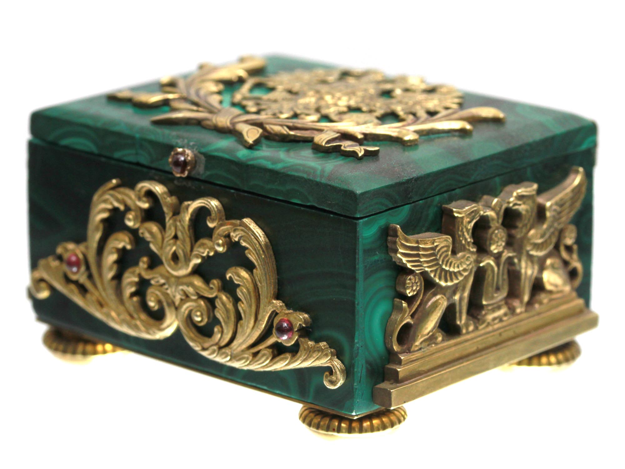 A RUSSIAN GILT SILVER AND MALACHITE JEWELRY BOX PIC-1