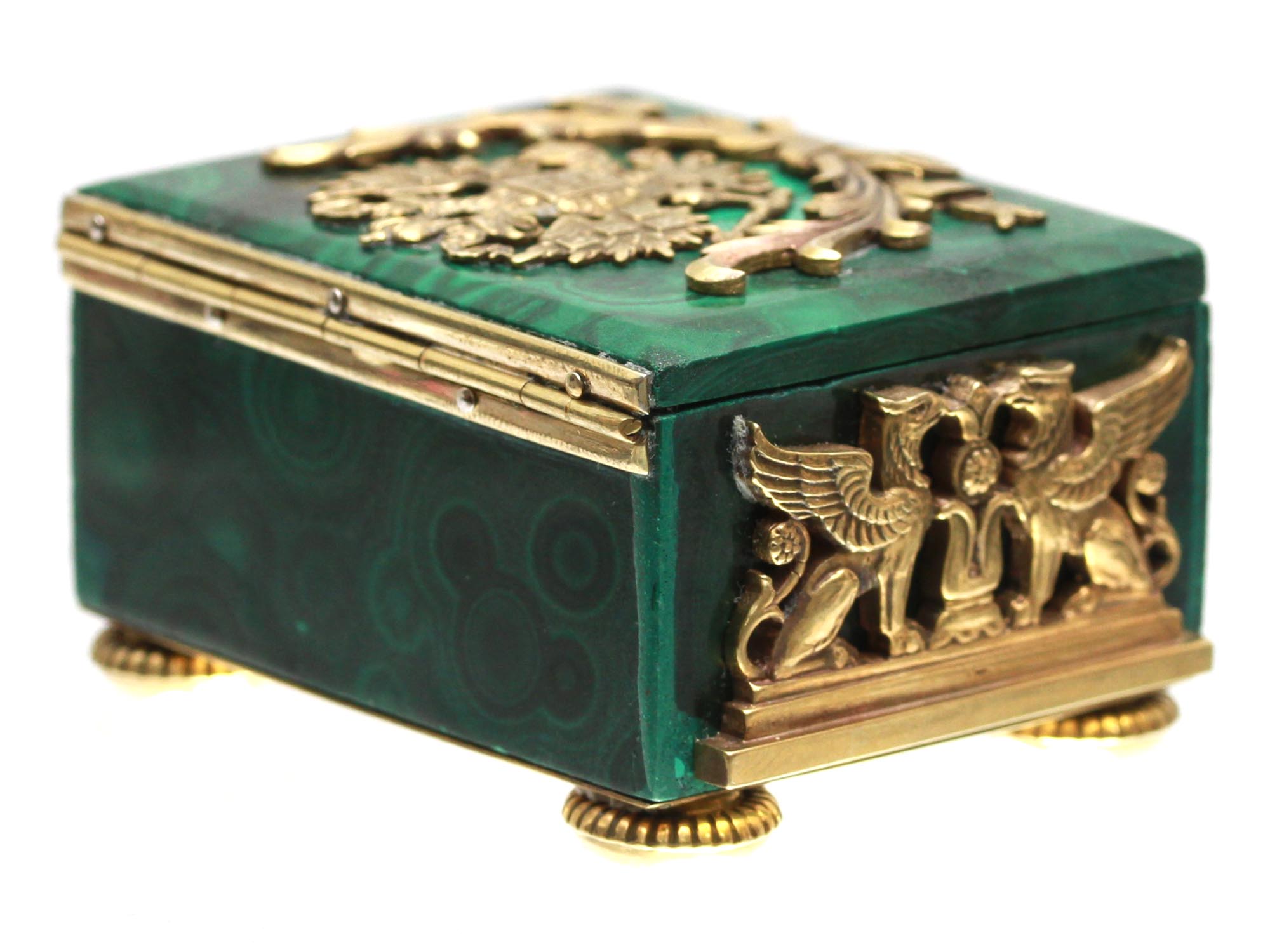 A RUSSIAN GILT SILVER AND MALACHITE JEWELRY BOX PIC-2