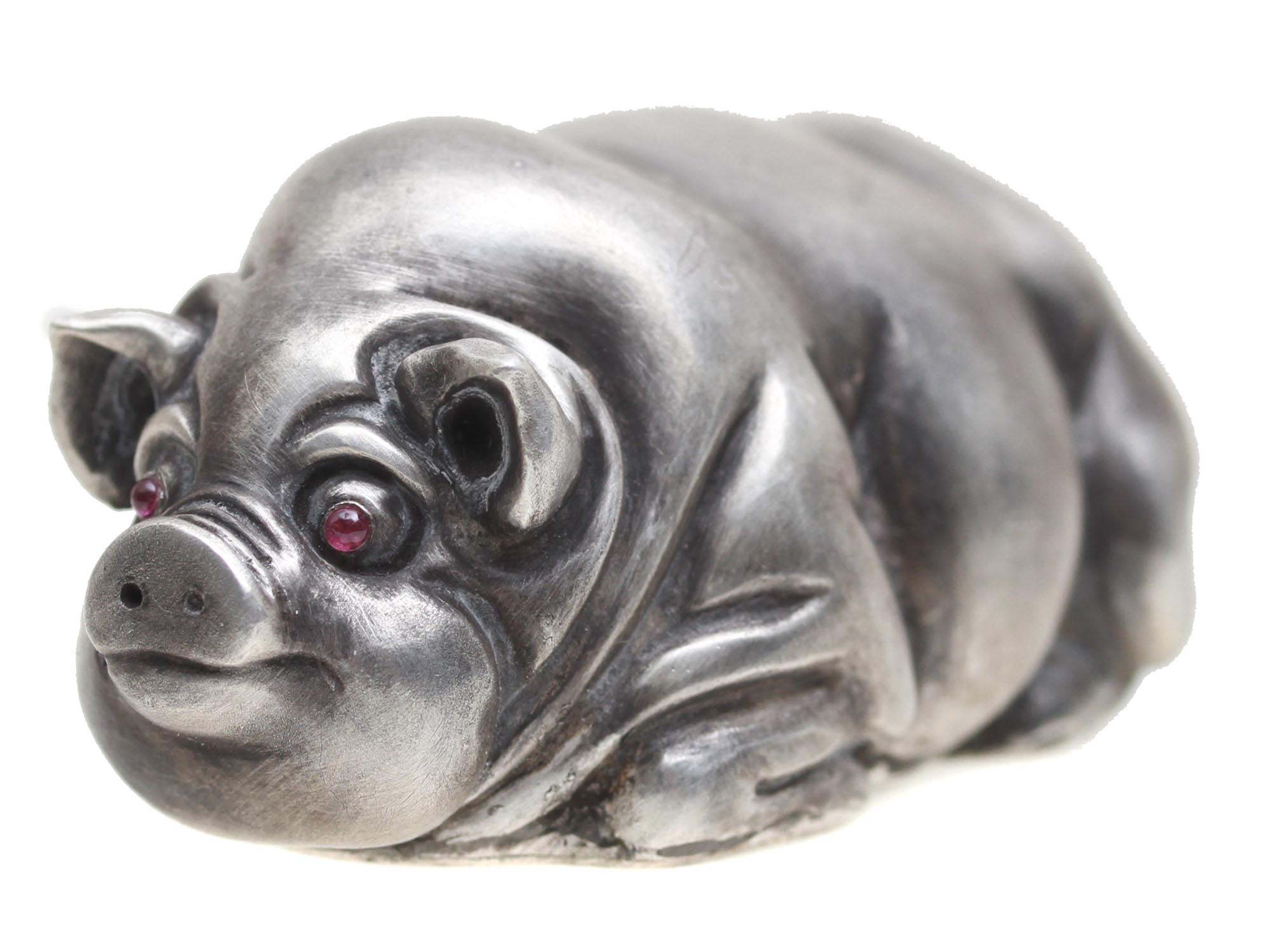 RUSSIAN CARVED SILVER PIG FIGURINE WITH RUBY EYES PIC-0