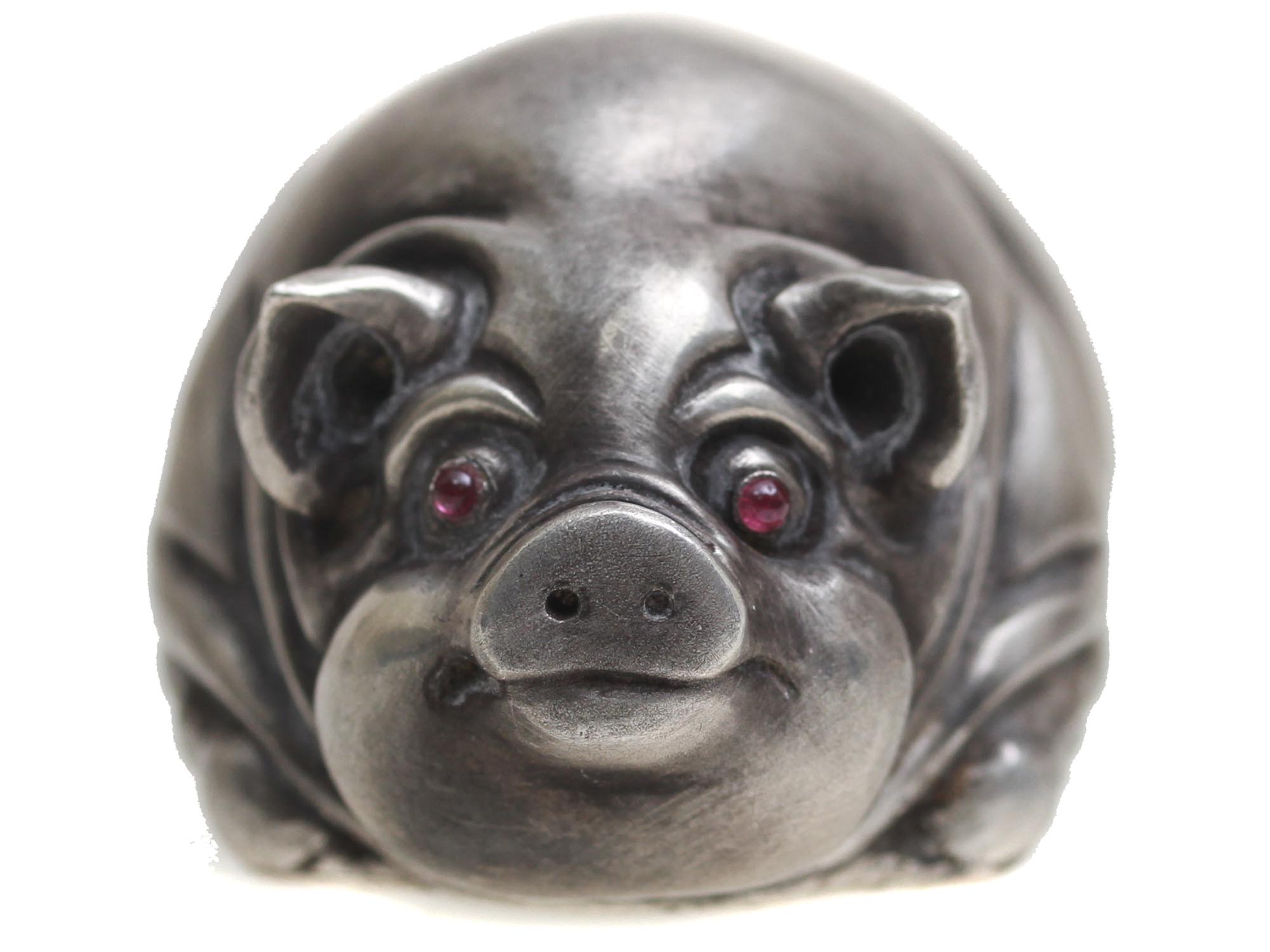 RUSSIAN CARVED SILVER PIG FIGURINE WITH RUBY EYES PIC-1