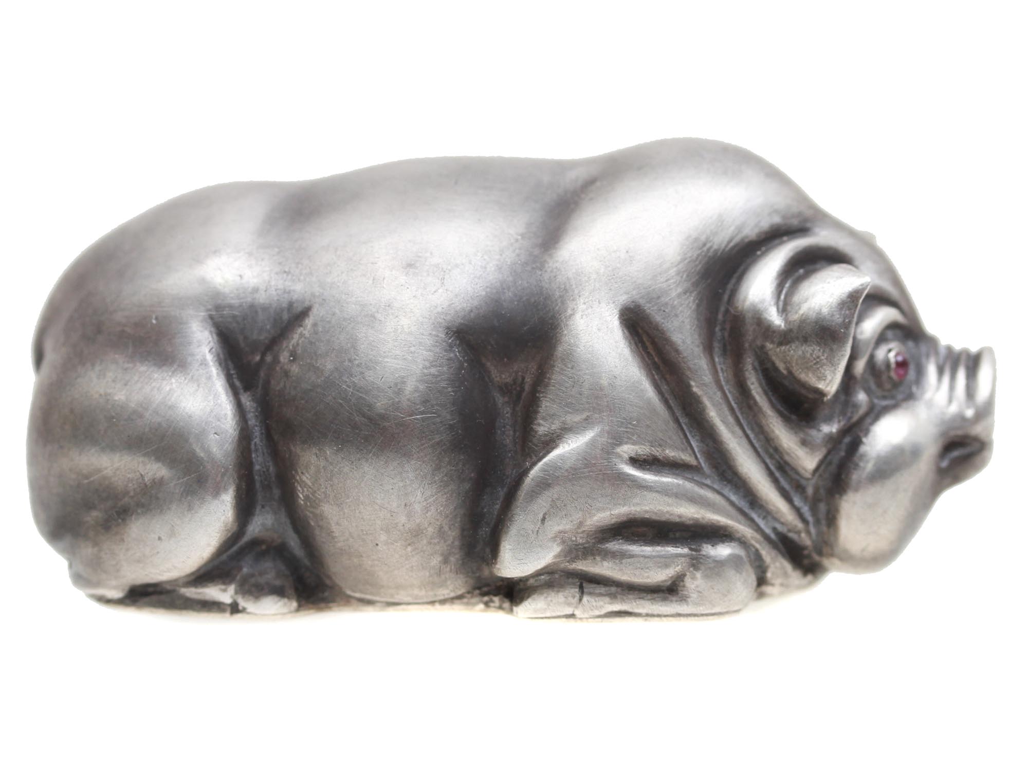 RUSSIAN CARVED SILVER PIG FIGURINE WITH RUBY EYES PIC-3