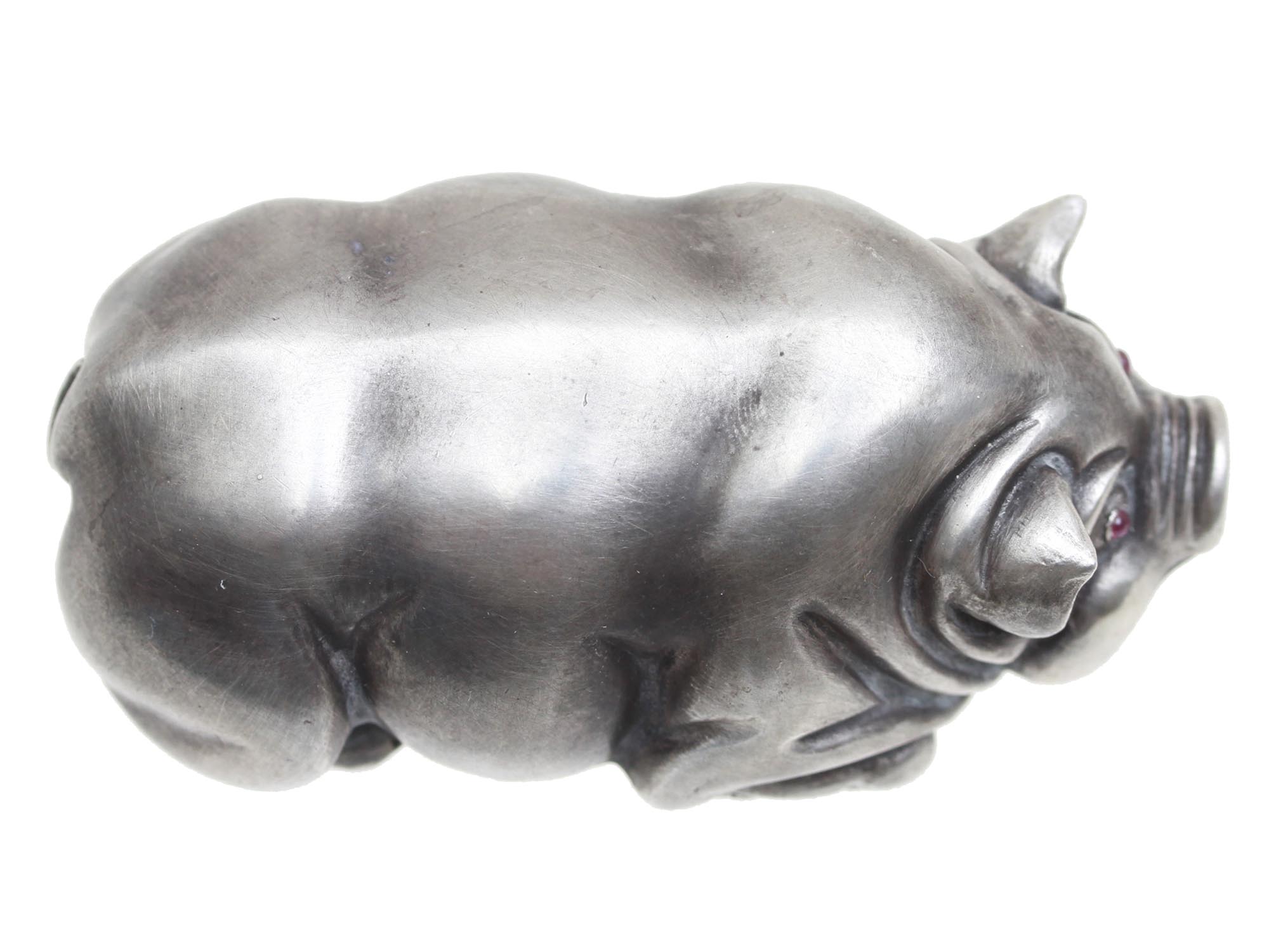 RUSSIAN CARVED SILVER PIG FIGURINE WITH RUBY EYES PIC-5