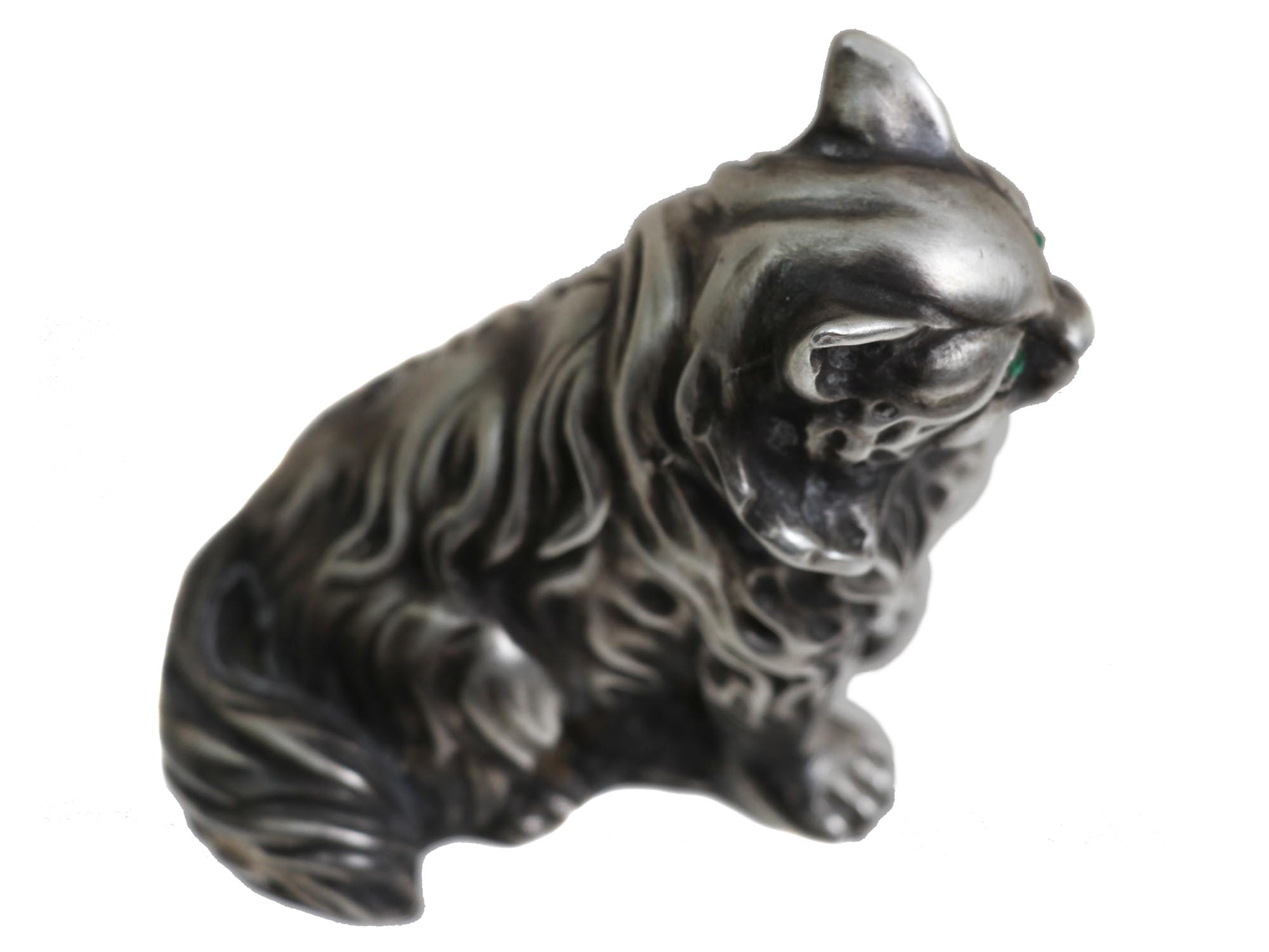 RUSSIAN CARVED SILVER CAT FIGURINE W EMERALD EYES PIC-4